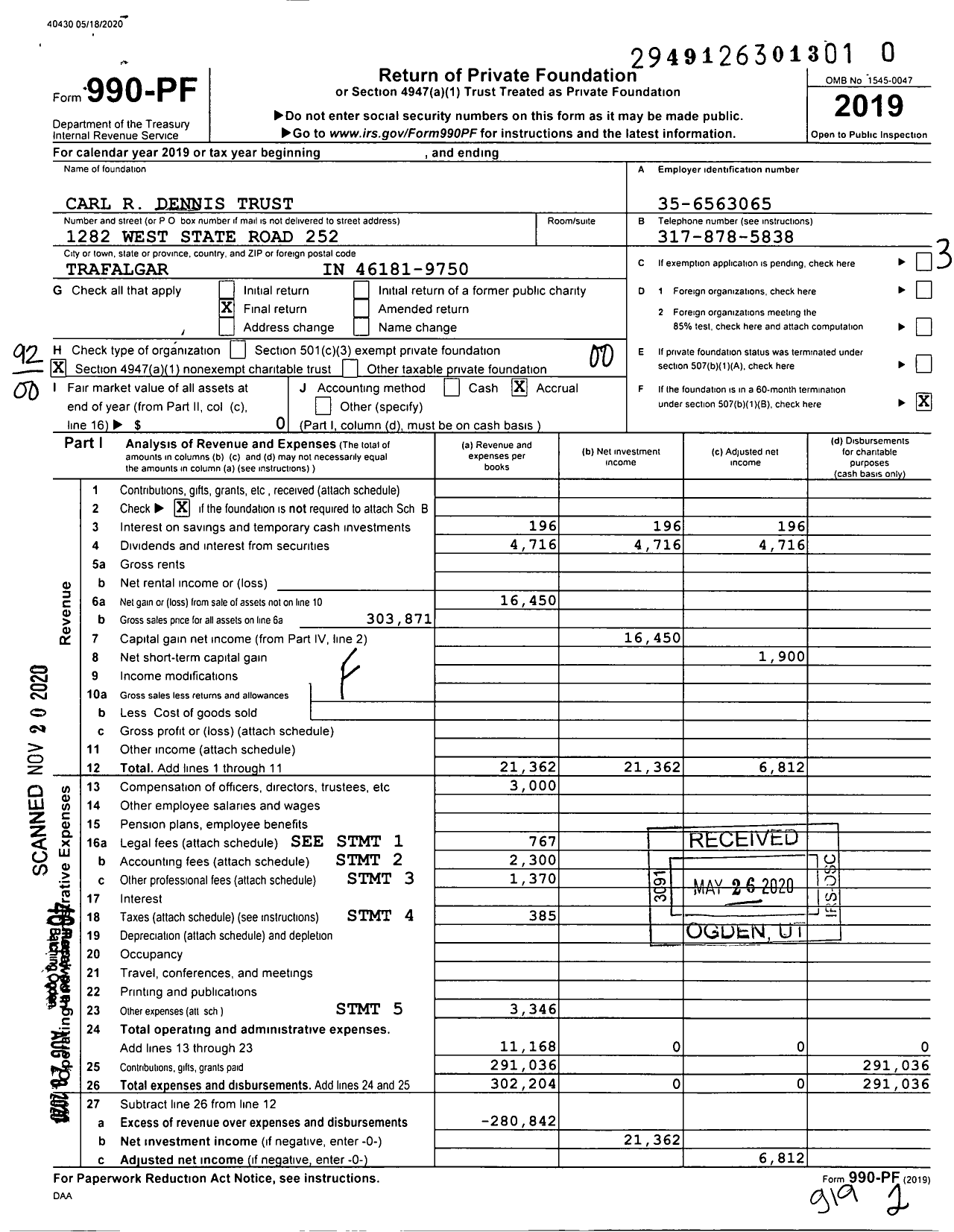 Image of first page of 2019 Form 990PF for Carl R Dennis Trust