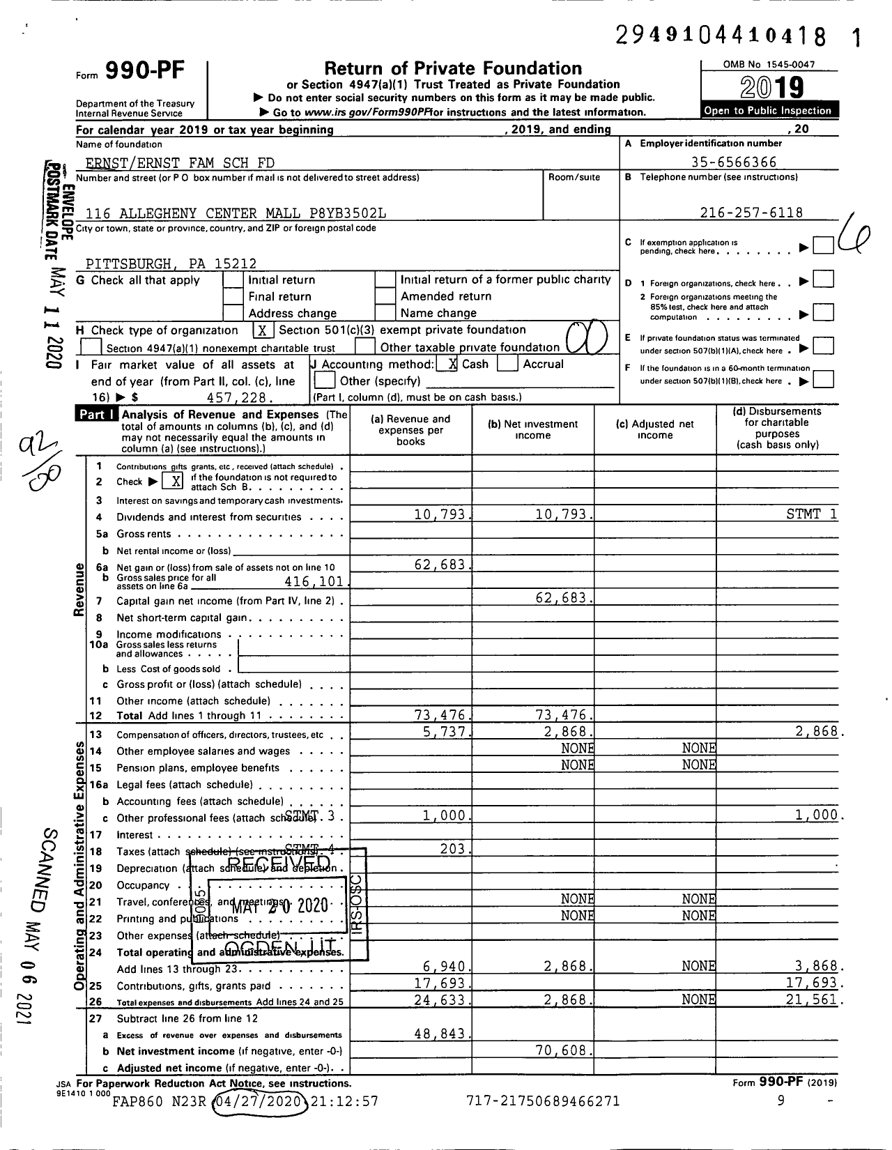 Image of first page of 2019 Form 990PF for Ernsternst Family Scholarship