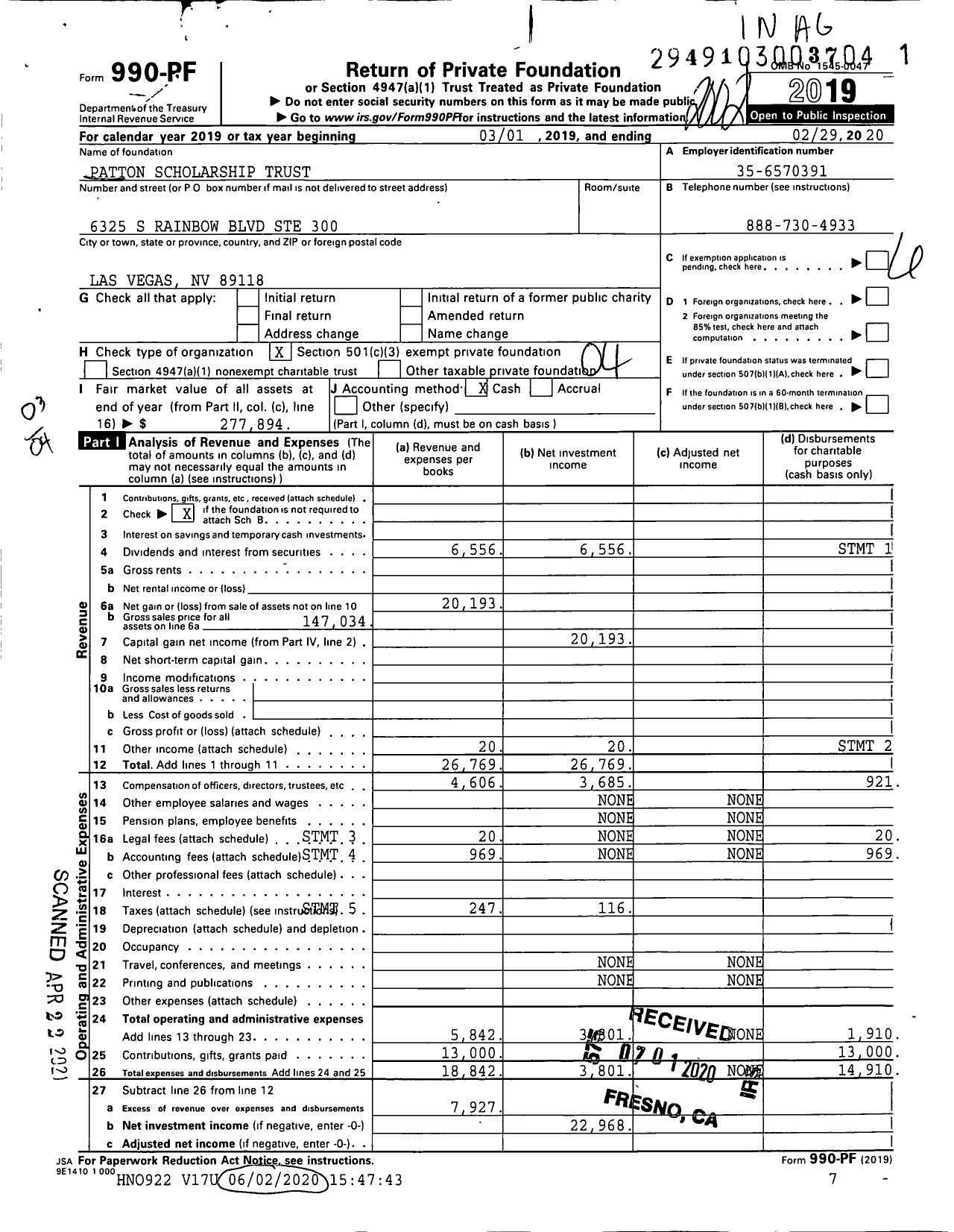 Image of first page of 2019 Form 990PF for Patton Scholarship Trust