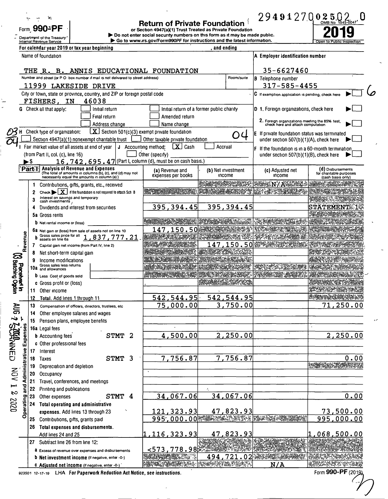 Image of first page of 2019 Form 990PF for The R B Annis Educational Foundation