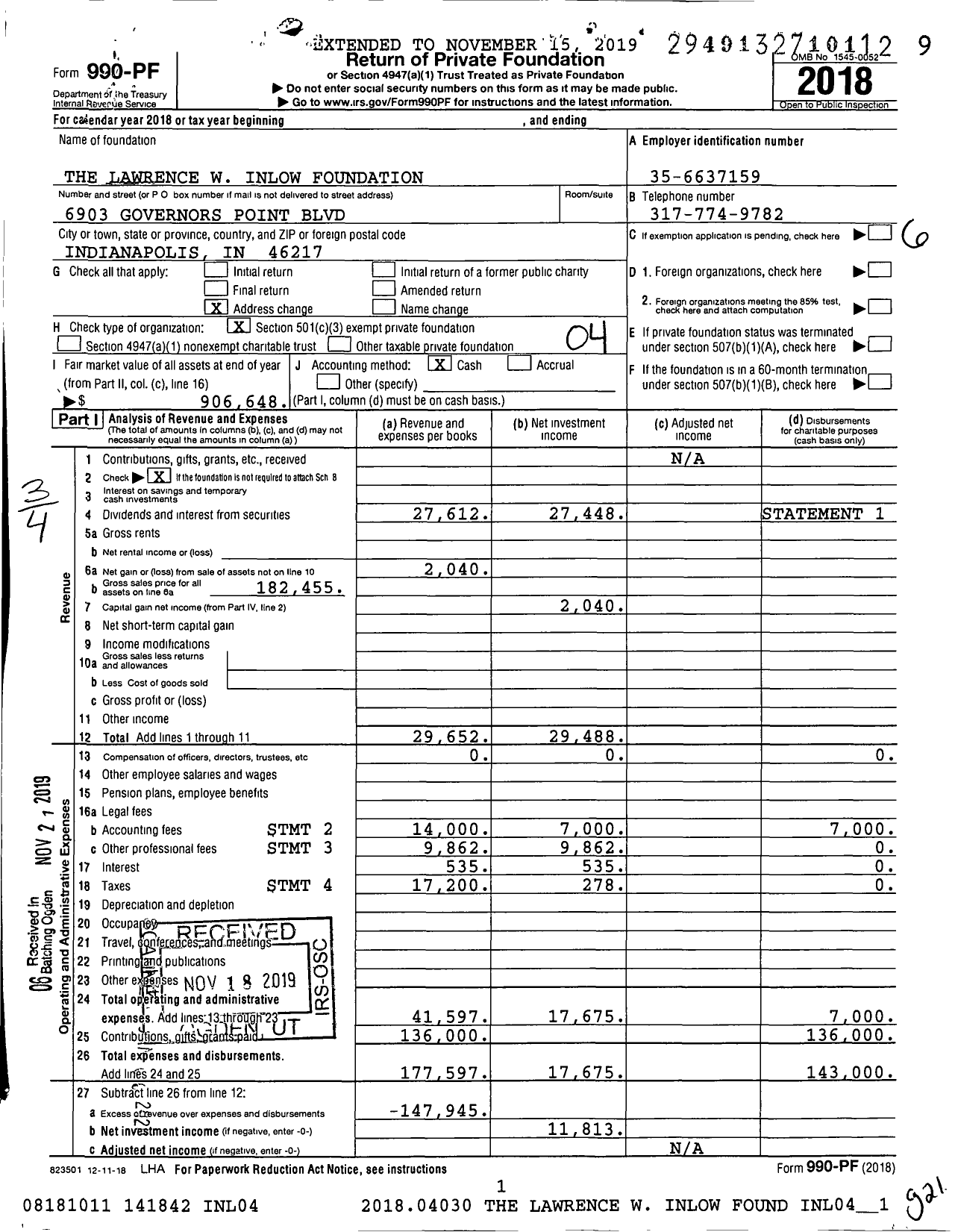 Image of first page of 2018 Form 990PF for The Lawrence W Inlow Foundation