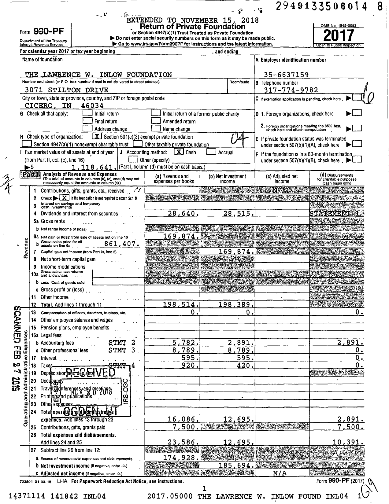 Image of first page of 2017 Form 990PF for The Lawrence W Inlow Foundation