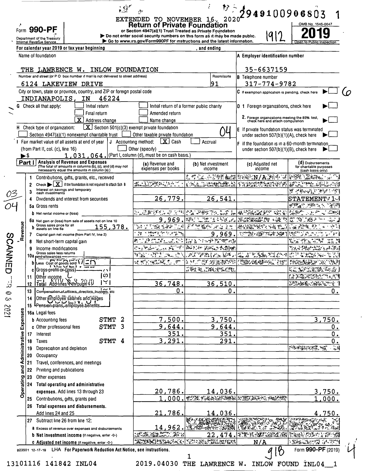 Image of first page of 2019 Form 990PF for The Lawrence W Inlow Foundation