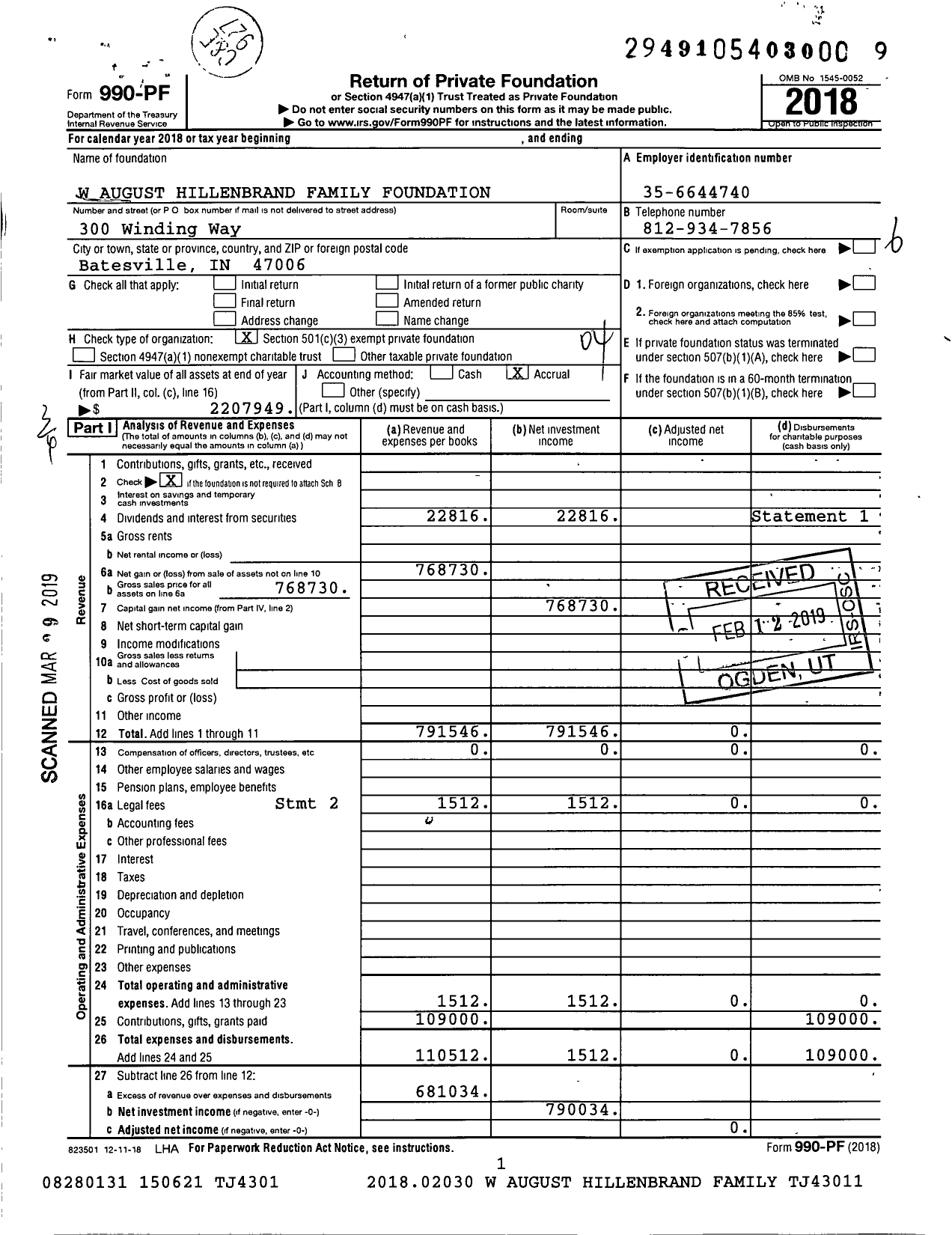 Image of first page of 2018 Form 990PF for W August Hillenbrand Family Foundation