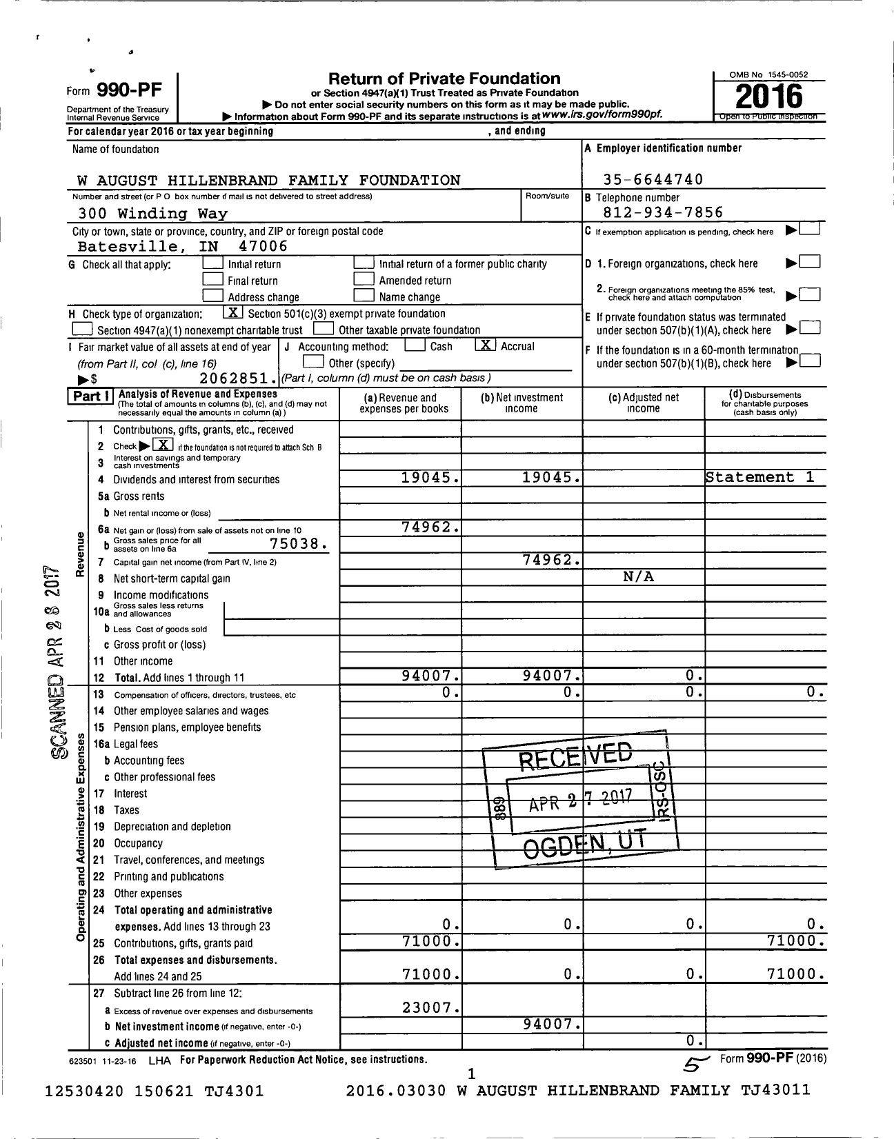 Image of first page of 2016 Form 990PF for W August Hillenbrand Family Foundation