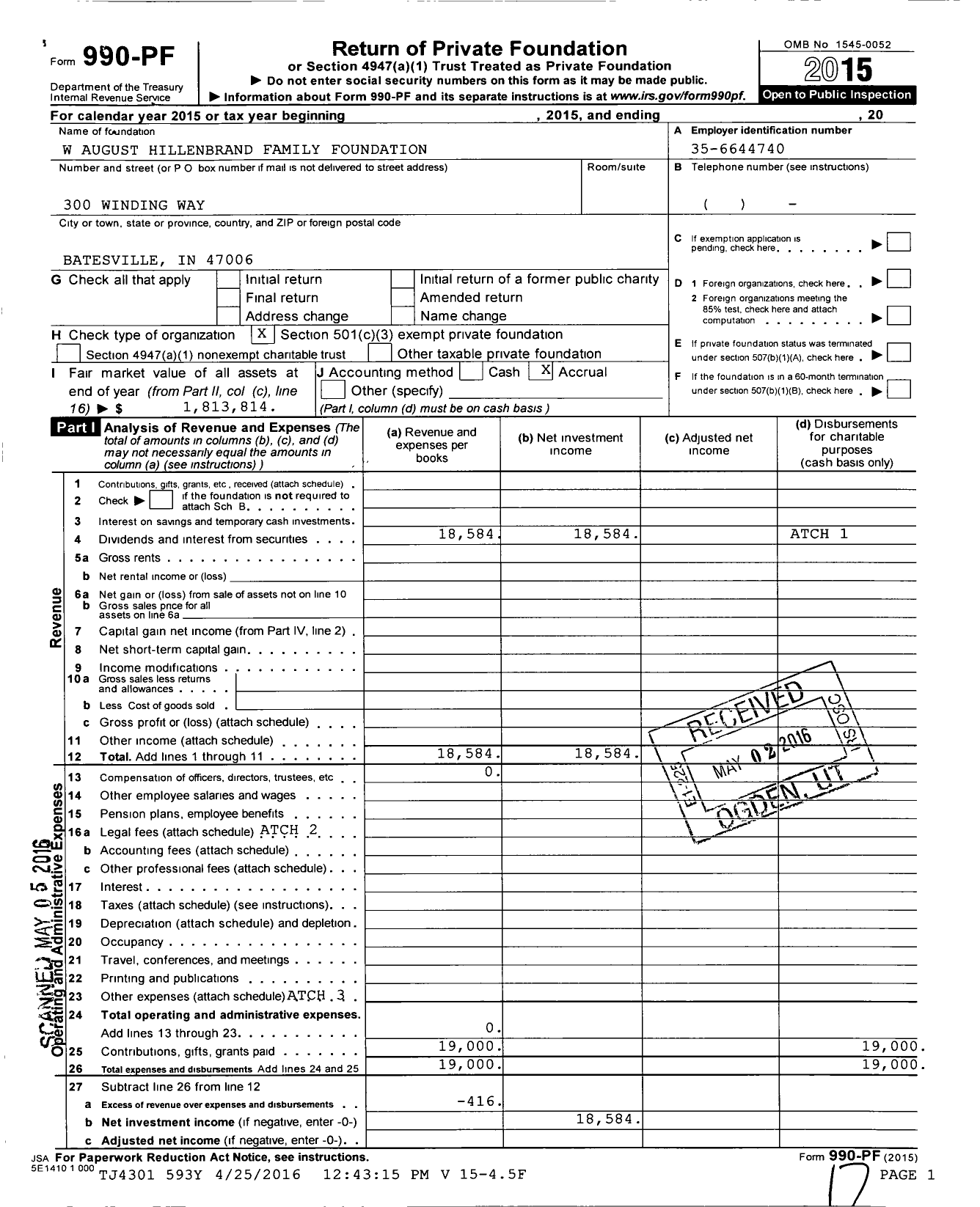Image of first page of 2015 Form 990PF for W August Hillenbrand Family Foundation