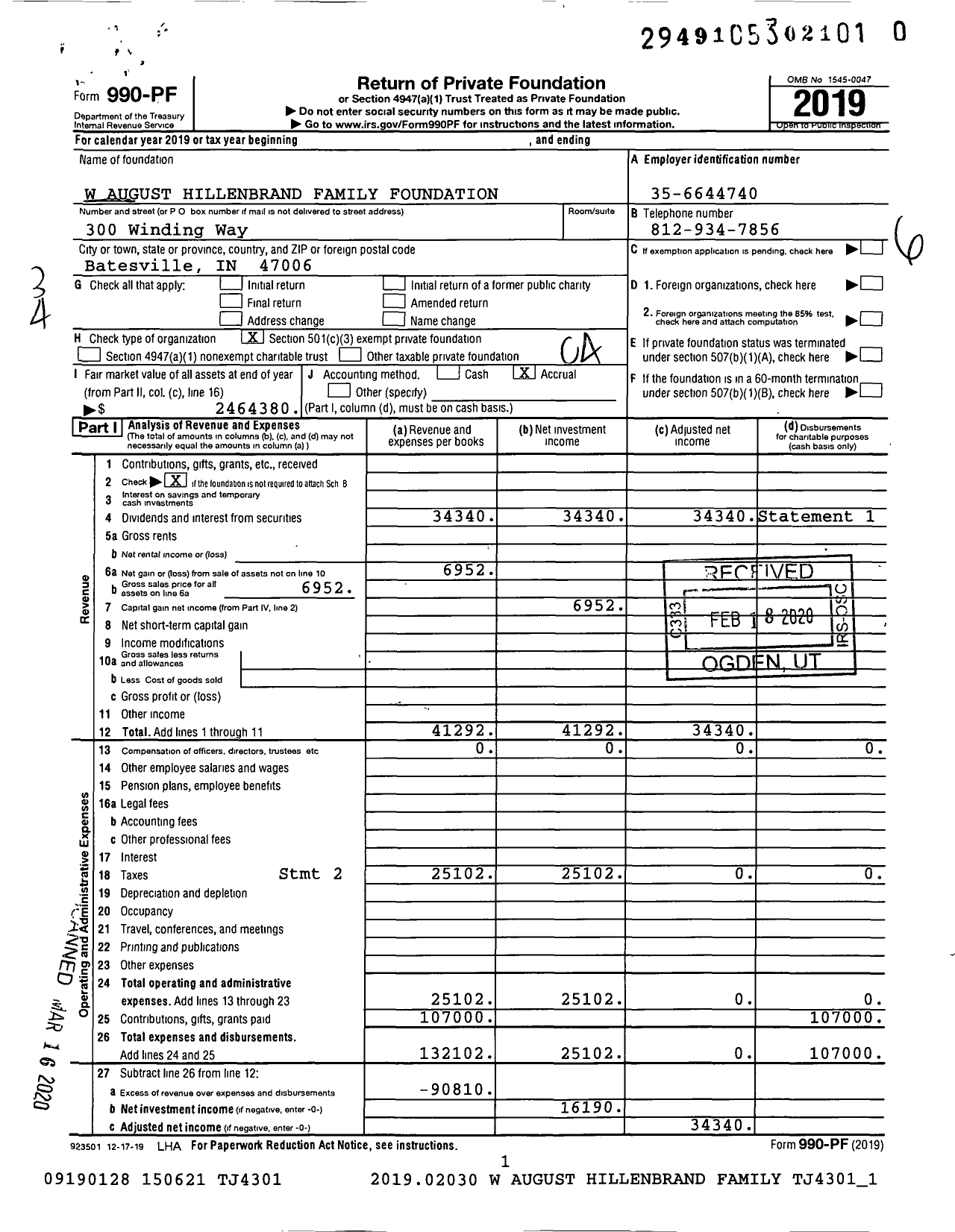 Image of first page of 2019 Form 990PR for W August Hillenbrand Family Foundation