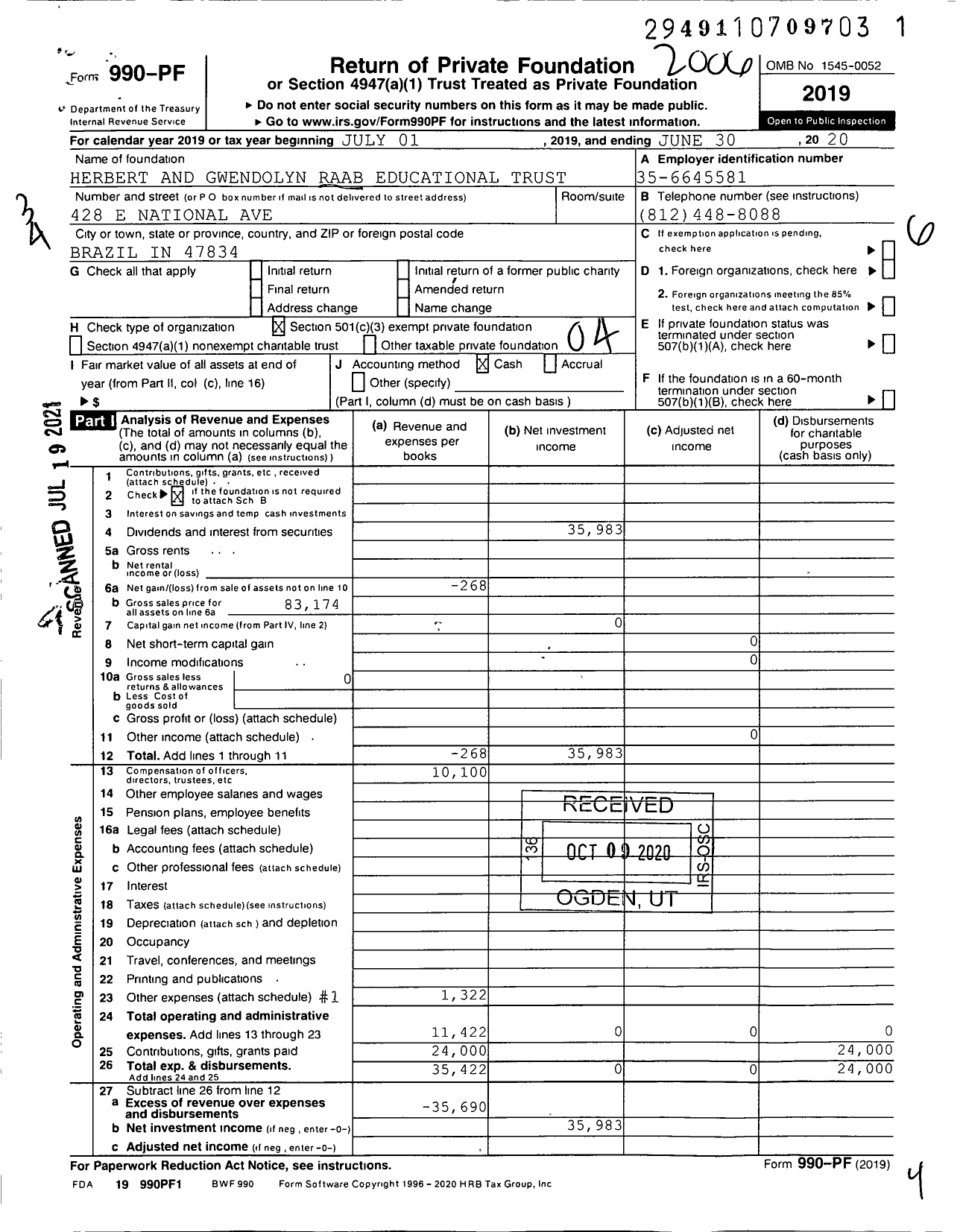 Image of first page of 2019 Form 990PF for Herbert and Gwendolyn Raab Educational Trust