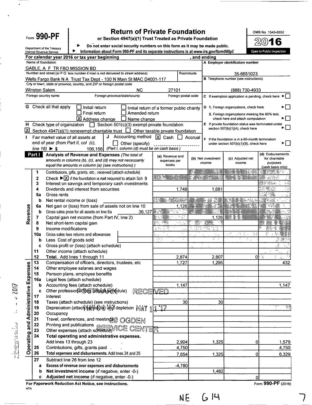 Image of first page of 2016 Form 990PF for Gable A F TR Fbo Mission BD