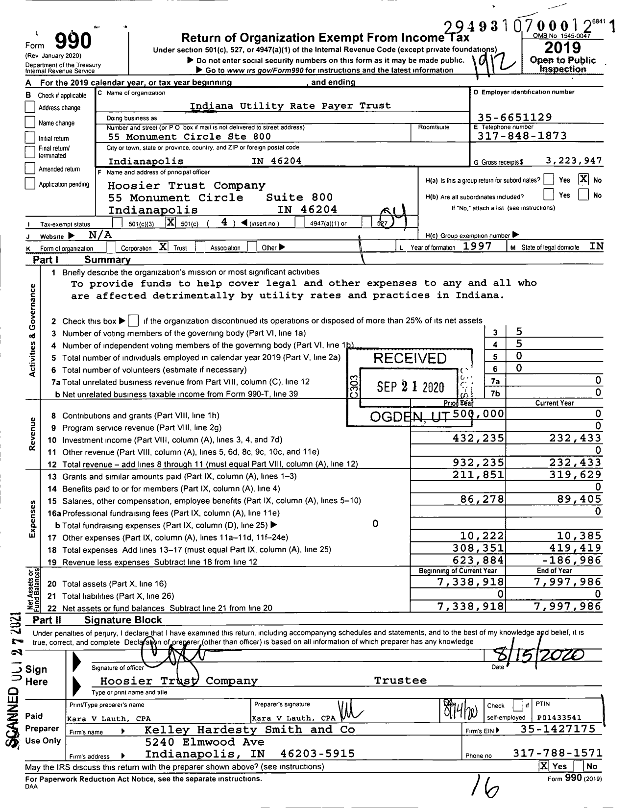 Image of first page of 2019 Form 990O for Indiana Utility Rate Payer Trust DTD 07 / 29 / 1997 00d123