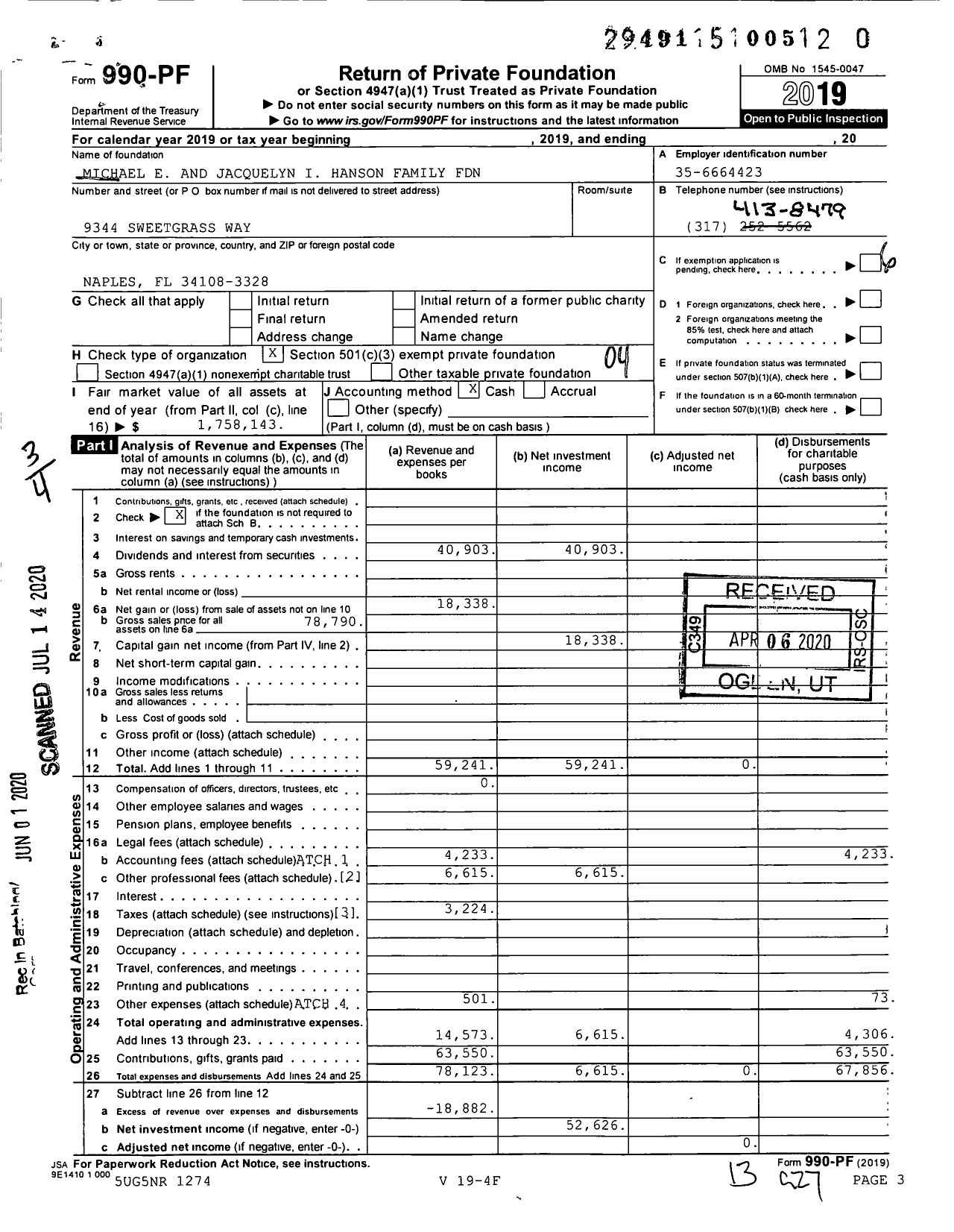 Image of first page of 2019 Form 990PR for Michael E and Jacquelyn Hanson Family Fdn