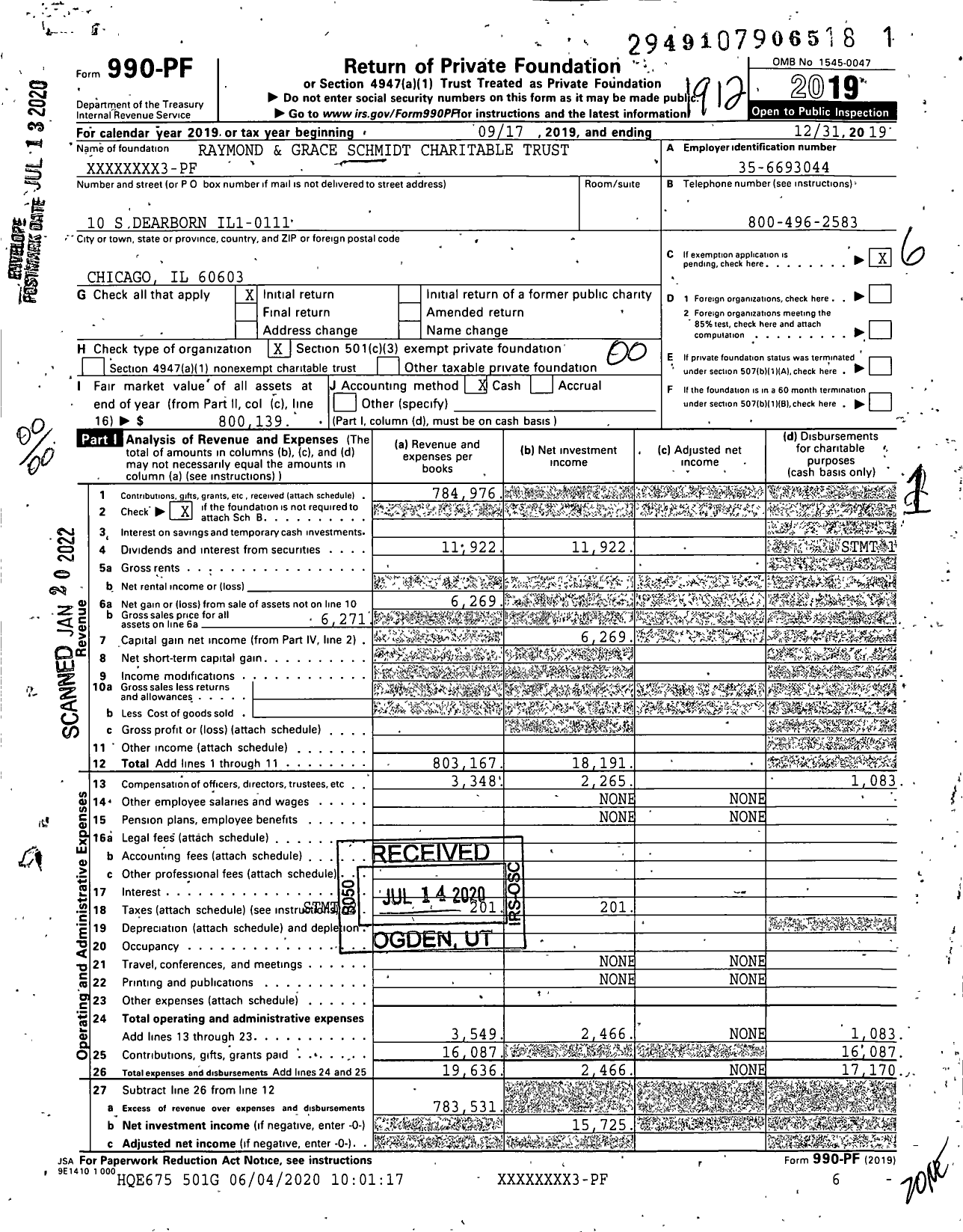 Image of first page of 2019 Form 990PF for Raymond and Grace Schmidt Charitable Trust