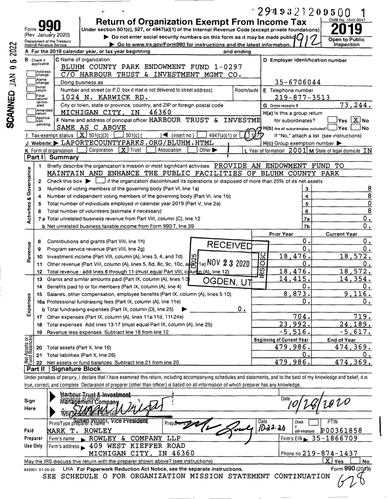 Image of first page of 2019 Form 990 for Bluhm County Park Endowment Fund