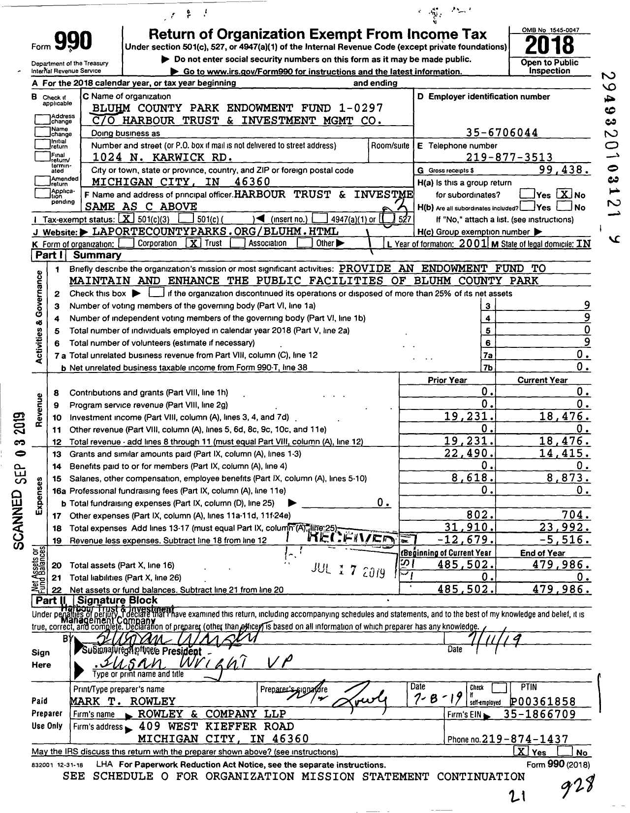 Image of first page of 2018 Form 990 for Bluhm County Park Endowment Fund