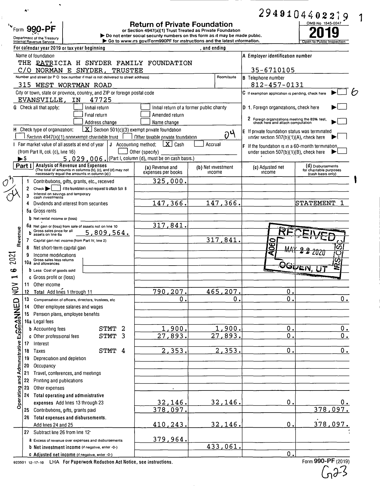 Image of first page of 2019 Form 990PF for The Patricia H Snyder Family Foundation