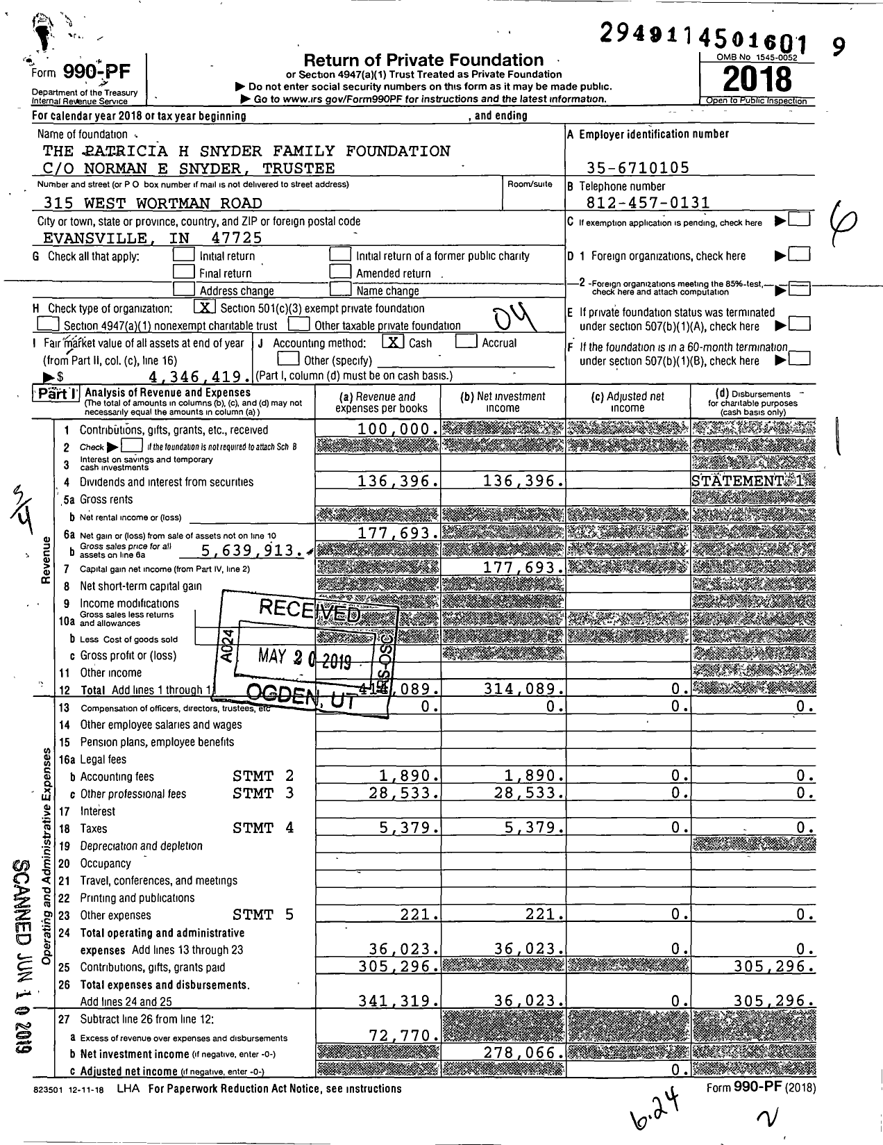 Image of first page of 2018 Form 990PF for The Patricia H Snyder Family Foundation