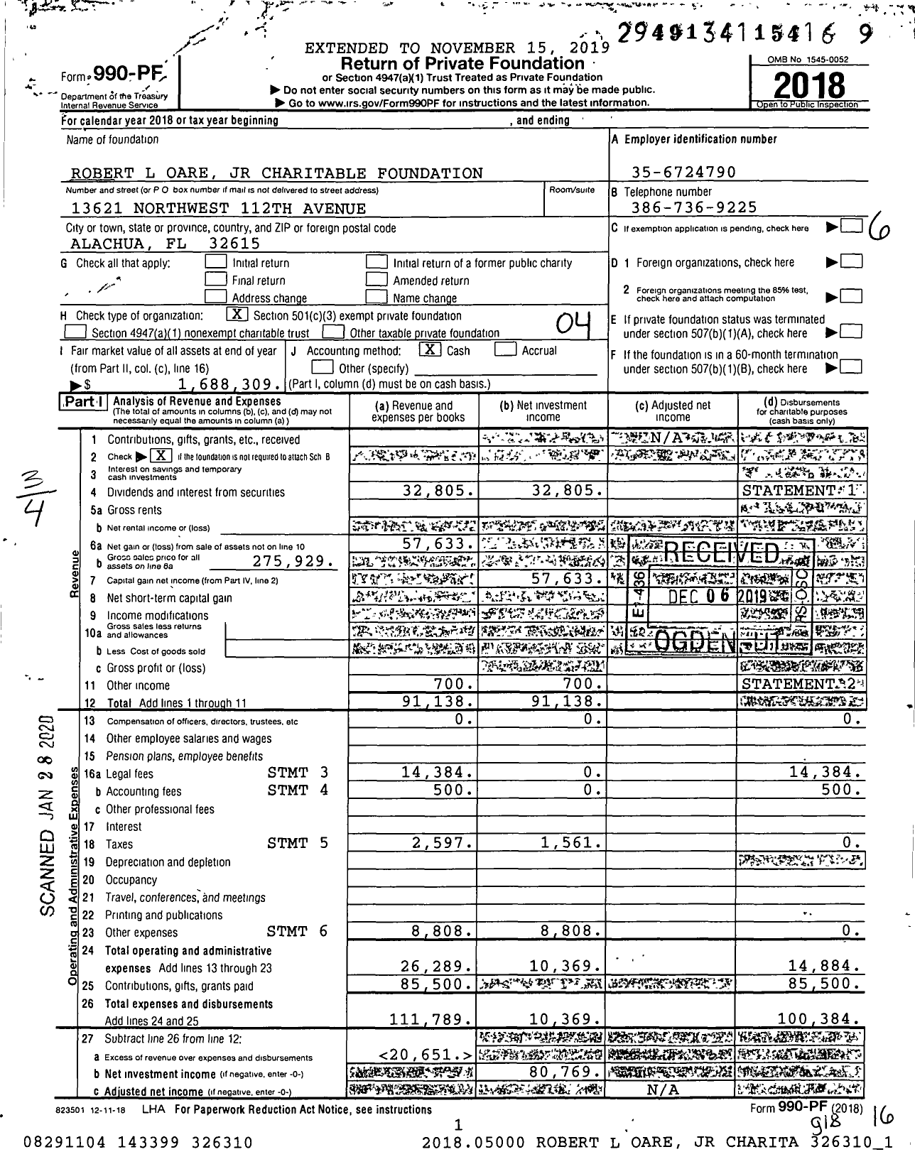 Image of first page of 2018 Form 990PF for Robert L Oare JR Charitable Foundation