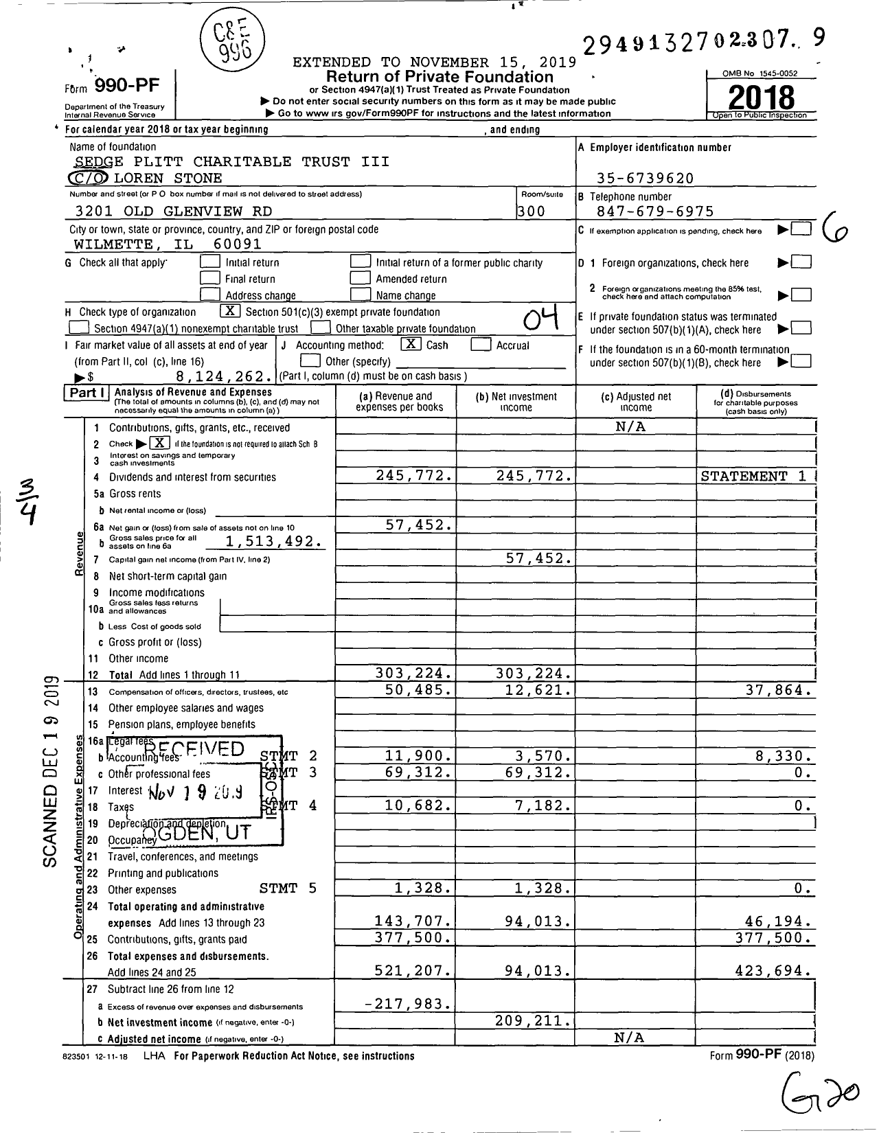 Image of first page of 2018 Form 990PF for Sedge Plitt Charitable Trust Iii