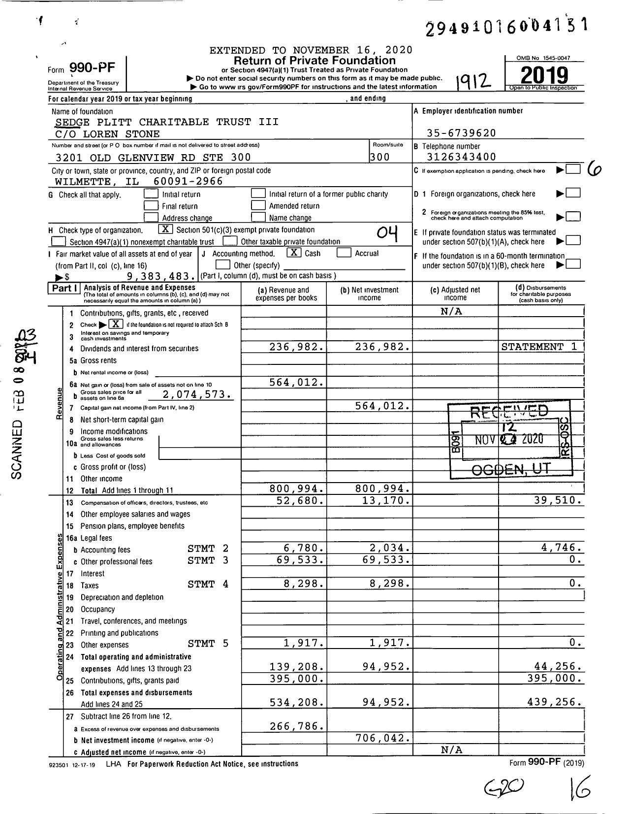 Image of first page of 2019 Form 990PF for Sedge Plitt Charitable Trust Iii