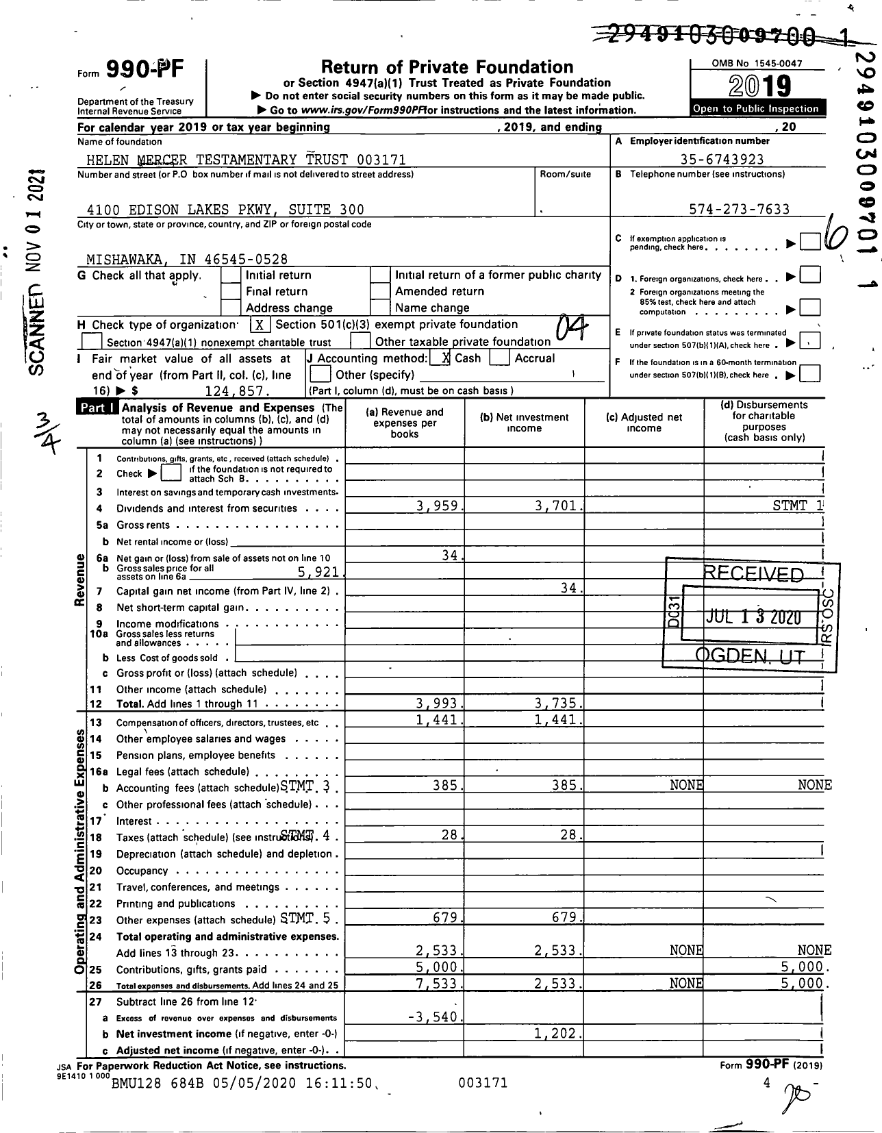 Image of first page of 2019 Form 990PF for Helen Mercer Testamentary Trust