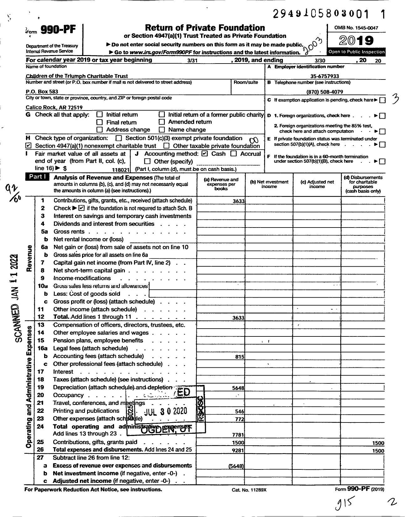 Image of first page of 2019 Form 990PF for Children of the Triumph Charitable Trust