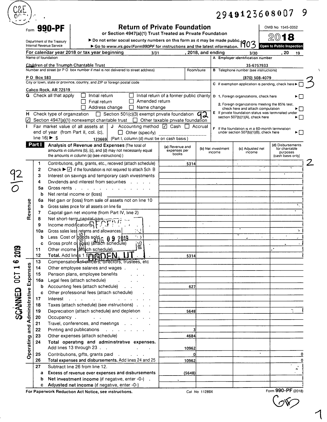 Image of first page of 2018 Form 990PF for Children of the Triumph Charitable Trust