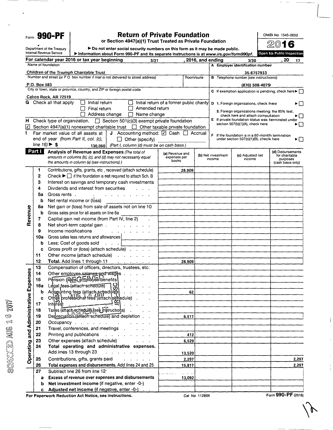 Image of first page of 2016 Form 990PF for Children of the Triumph Charitable Trust