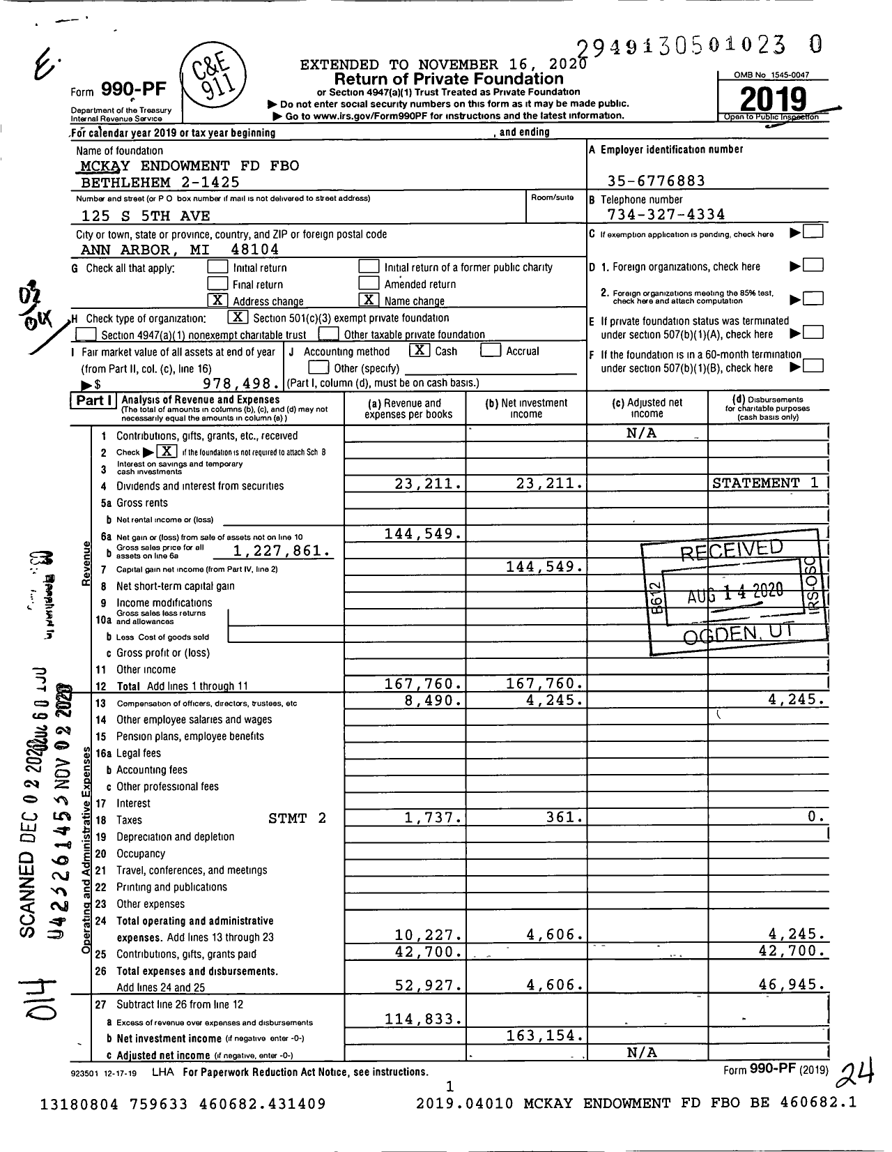 Image of first page of 2019 Form 990PF for Mckay Endowment FD Fbo Bethlehem 2-1425