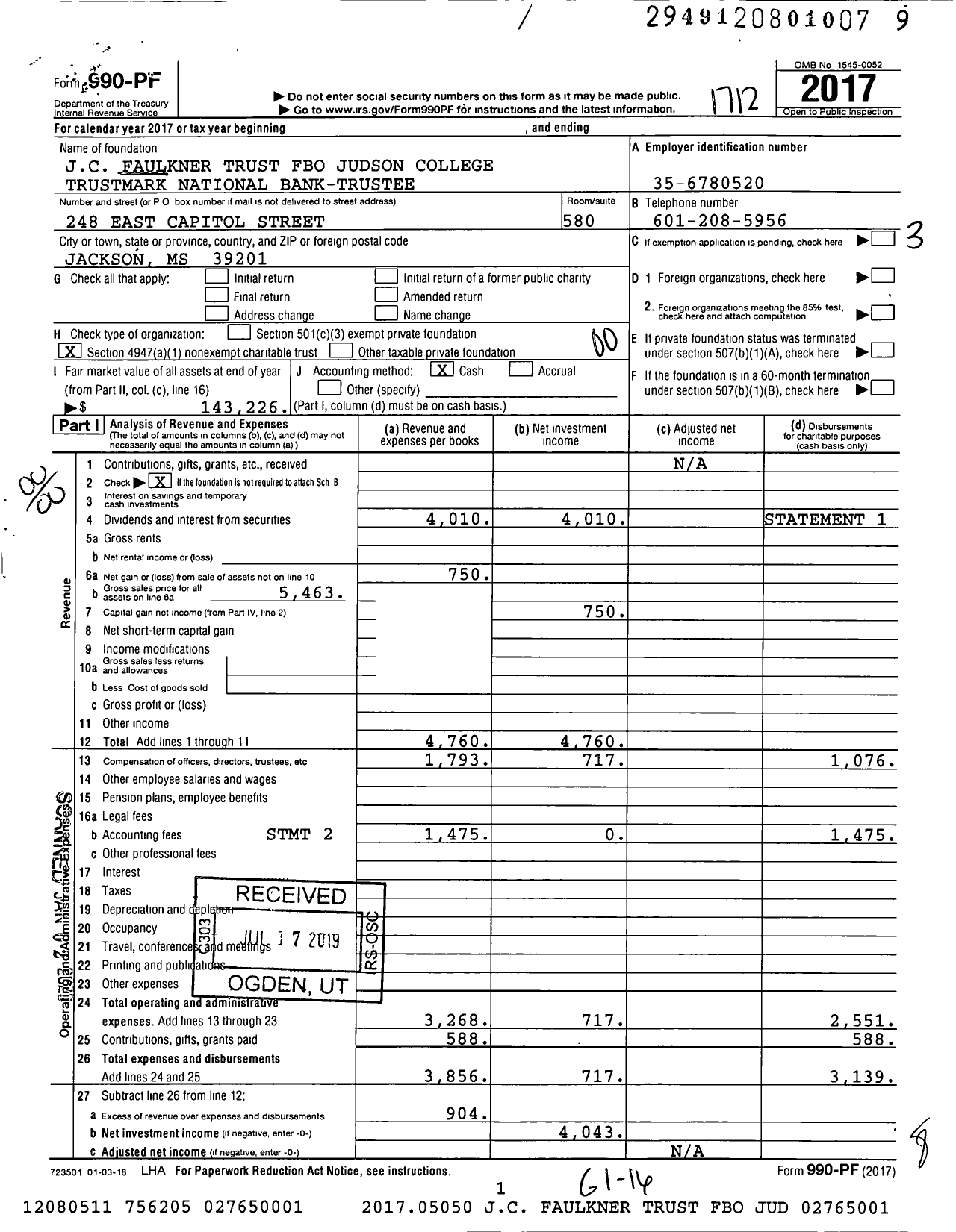 Image of first page of 2017 Form 990PF for JC C Faulkner Trust Fbo Judson College Trust