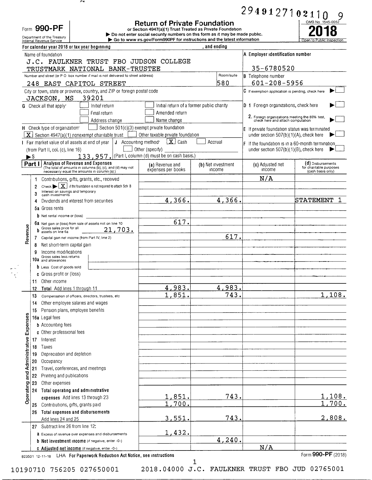 Image of first page of 2018 Form 990PF for JC C Faulkner Trust Fbo Judson College Trust