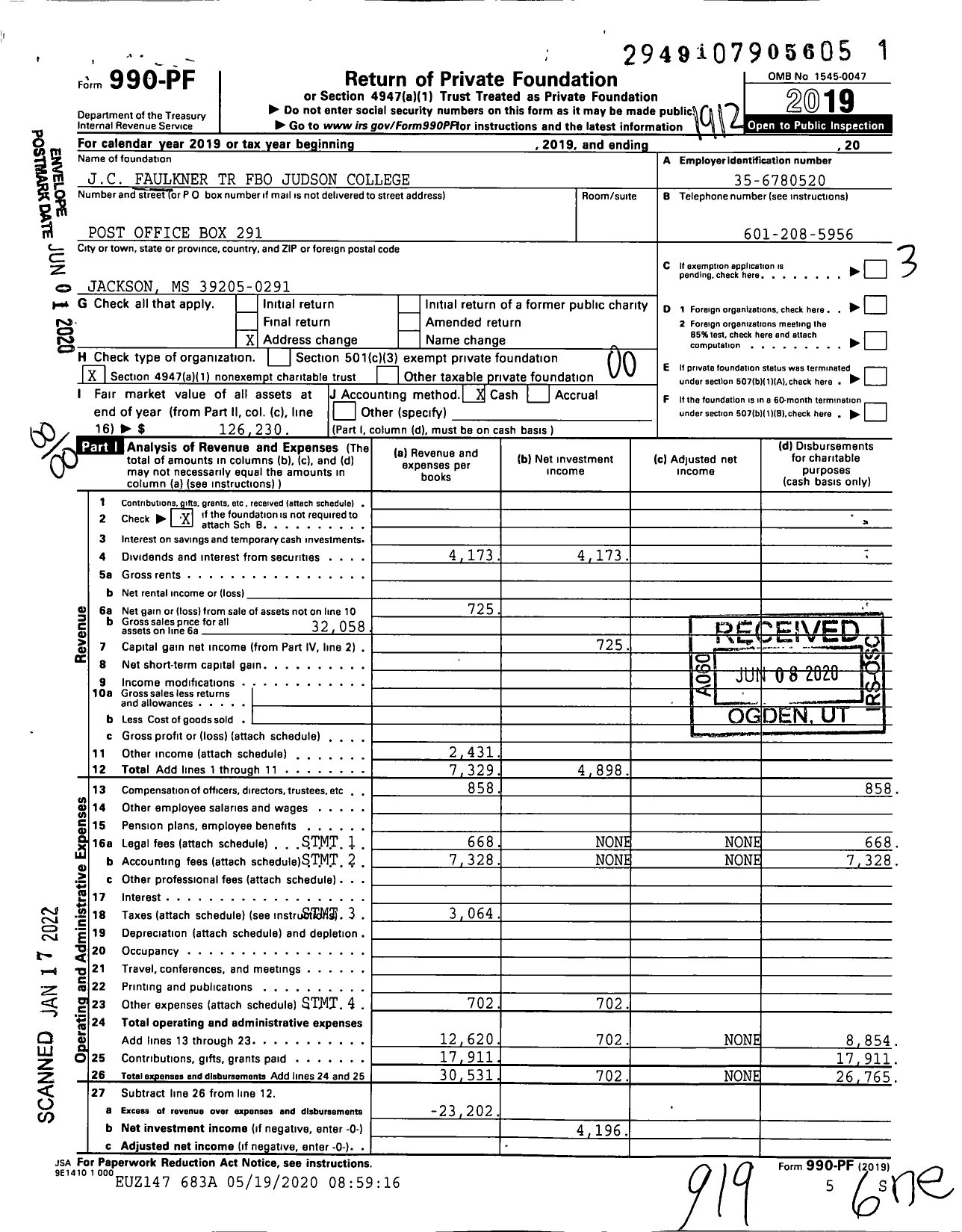 Image of first page of 2019 Form 990PF for JC C Faulkner Trust Fbo Judson College Trust