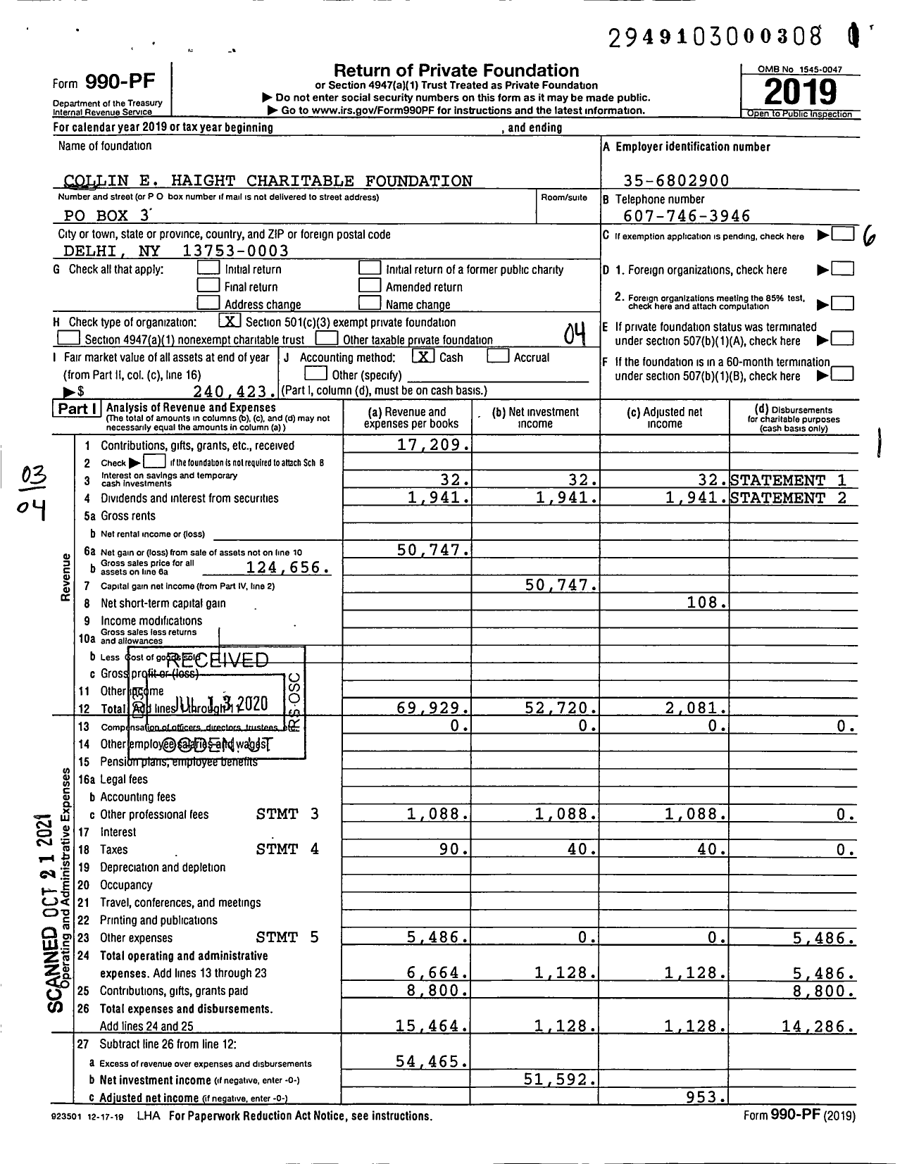 Image of first page of 2019 Form 990PF for Collin E Haight Charitable Foundation