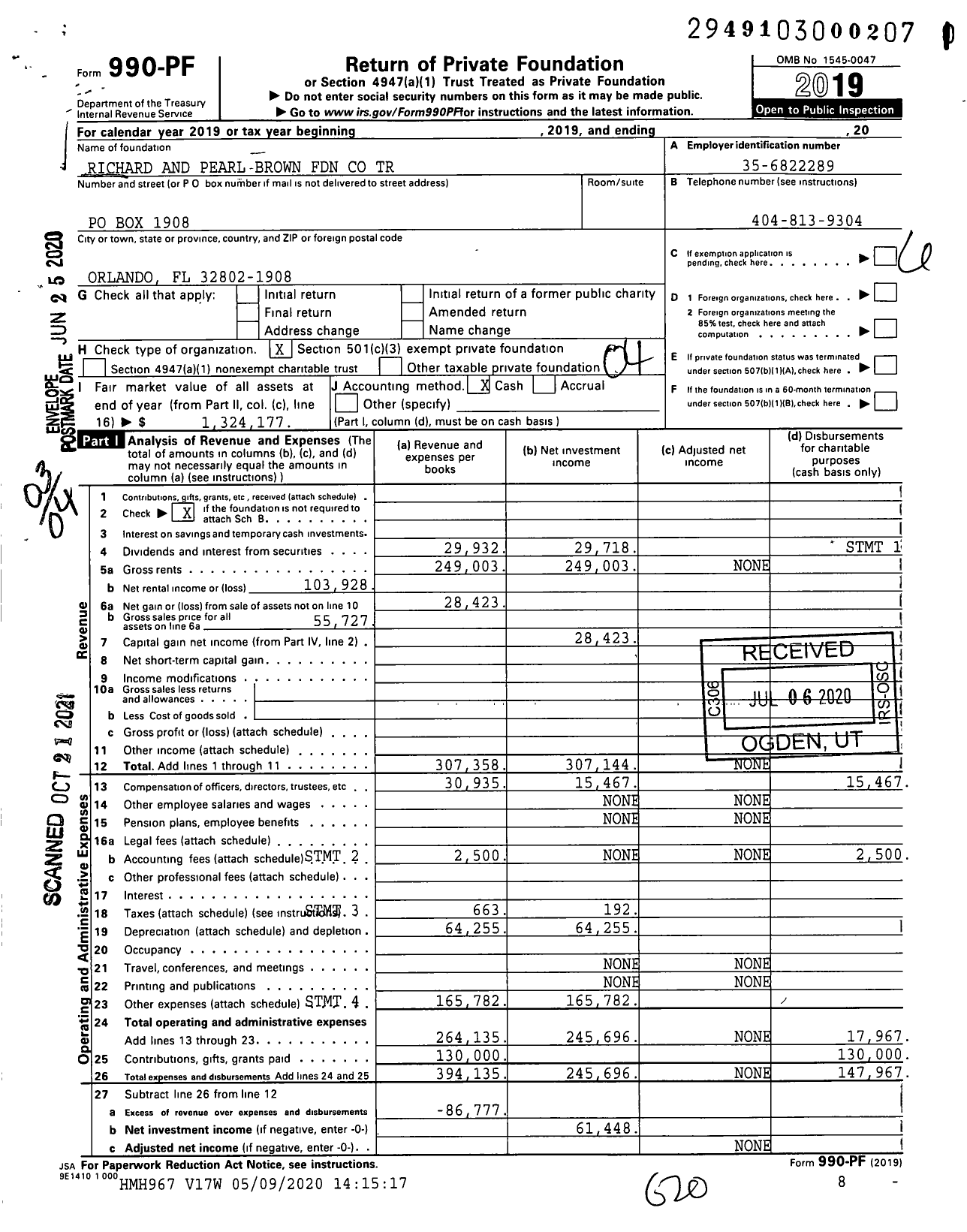 Image of first page of 2019 Form 990PF for Richard and Pearl Brown Foundation Trust