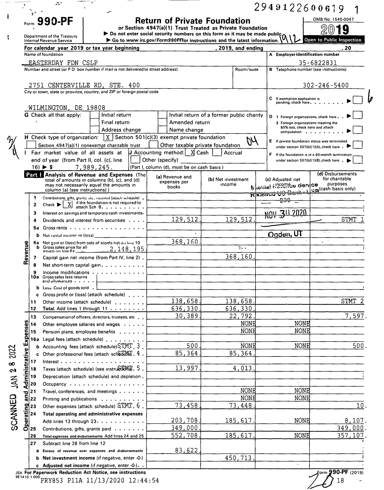 Image of first page of 2019 Form 990PF for Easterday Foundation CSLP