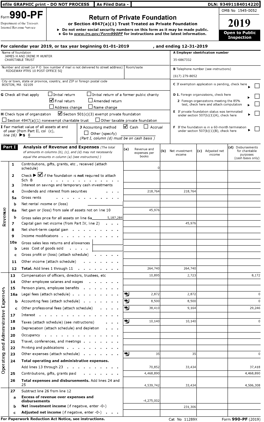 Image of first page of 2019 Form 990PR for James H and Irene M Hunter Charitable Trust