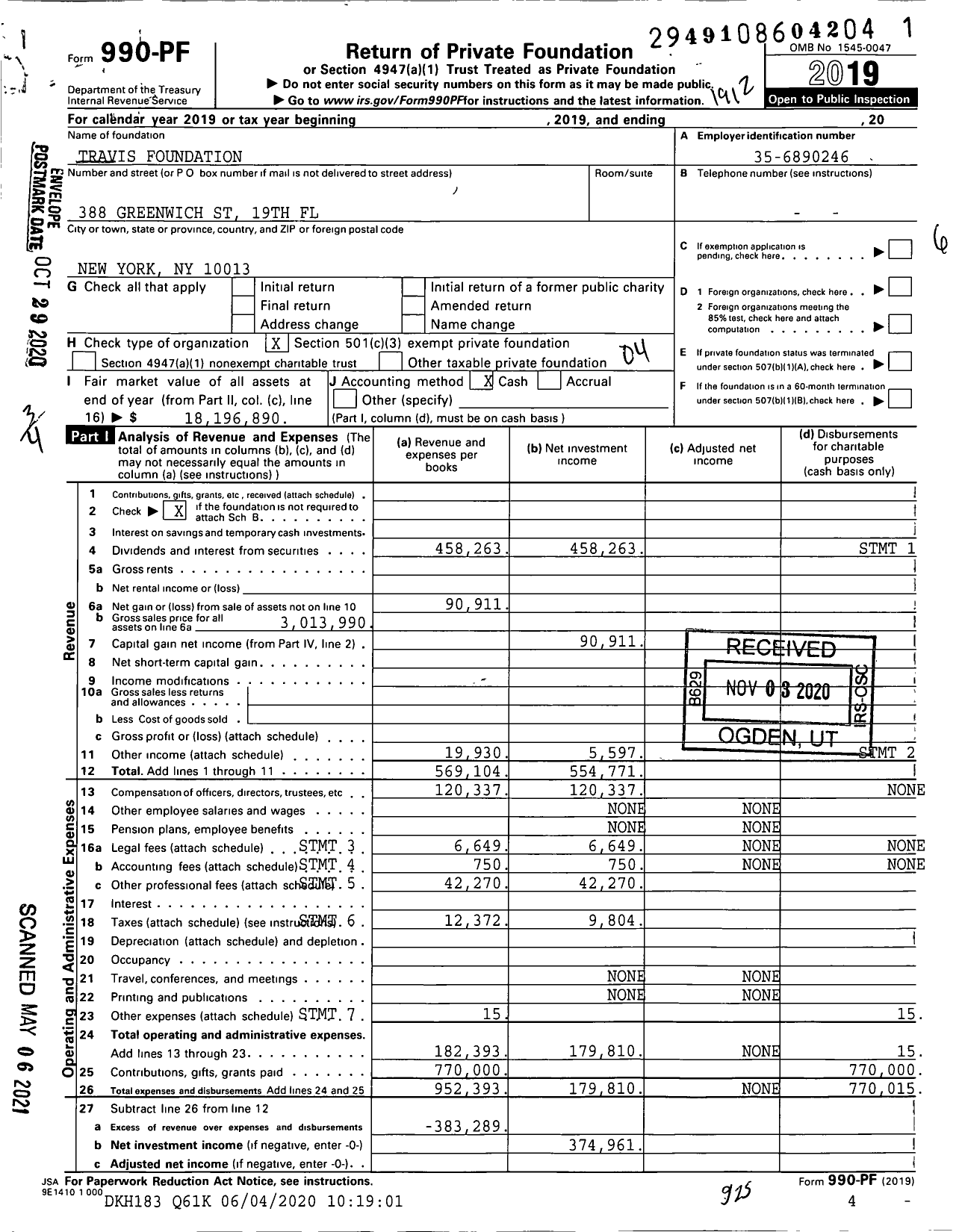 Image of first page of 2019 Form 990PF for Travis Foundation