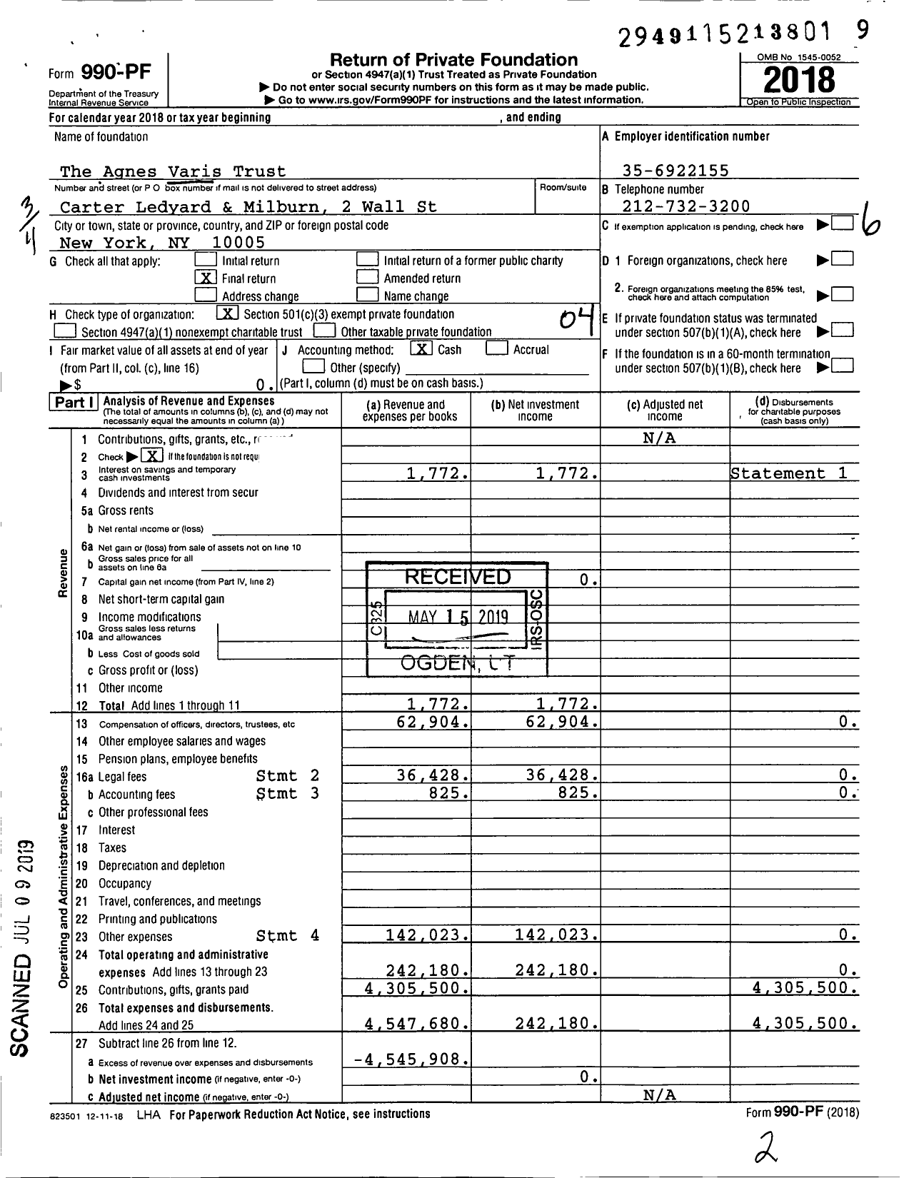Image of first page of 2018 Form 990PF for The Agnes Varis Trust