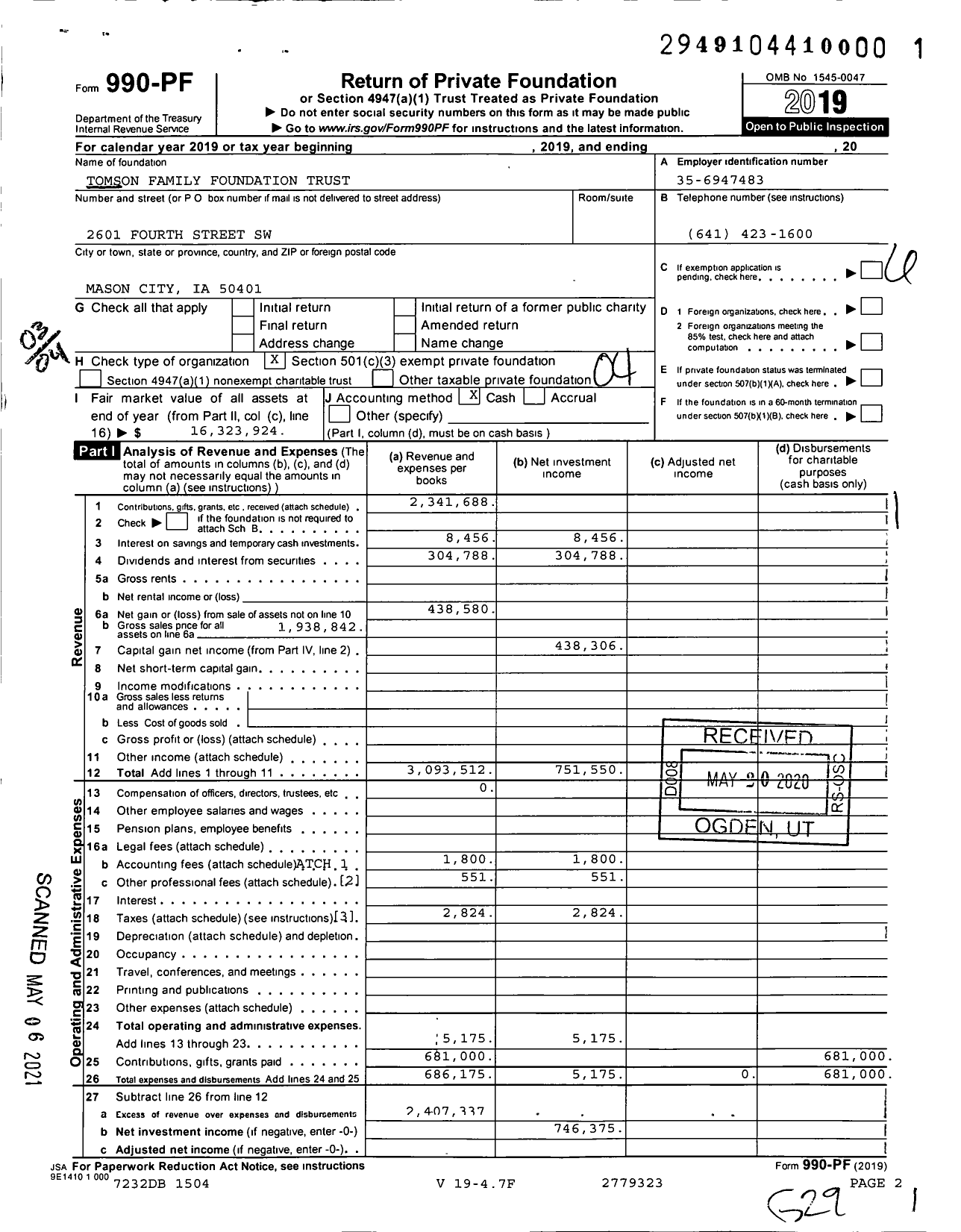 Image of first page of 2019 Form 990PF for Tomson Family Foundation Trust