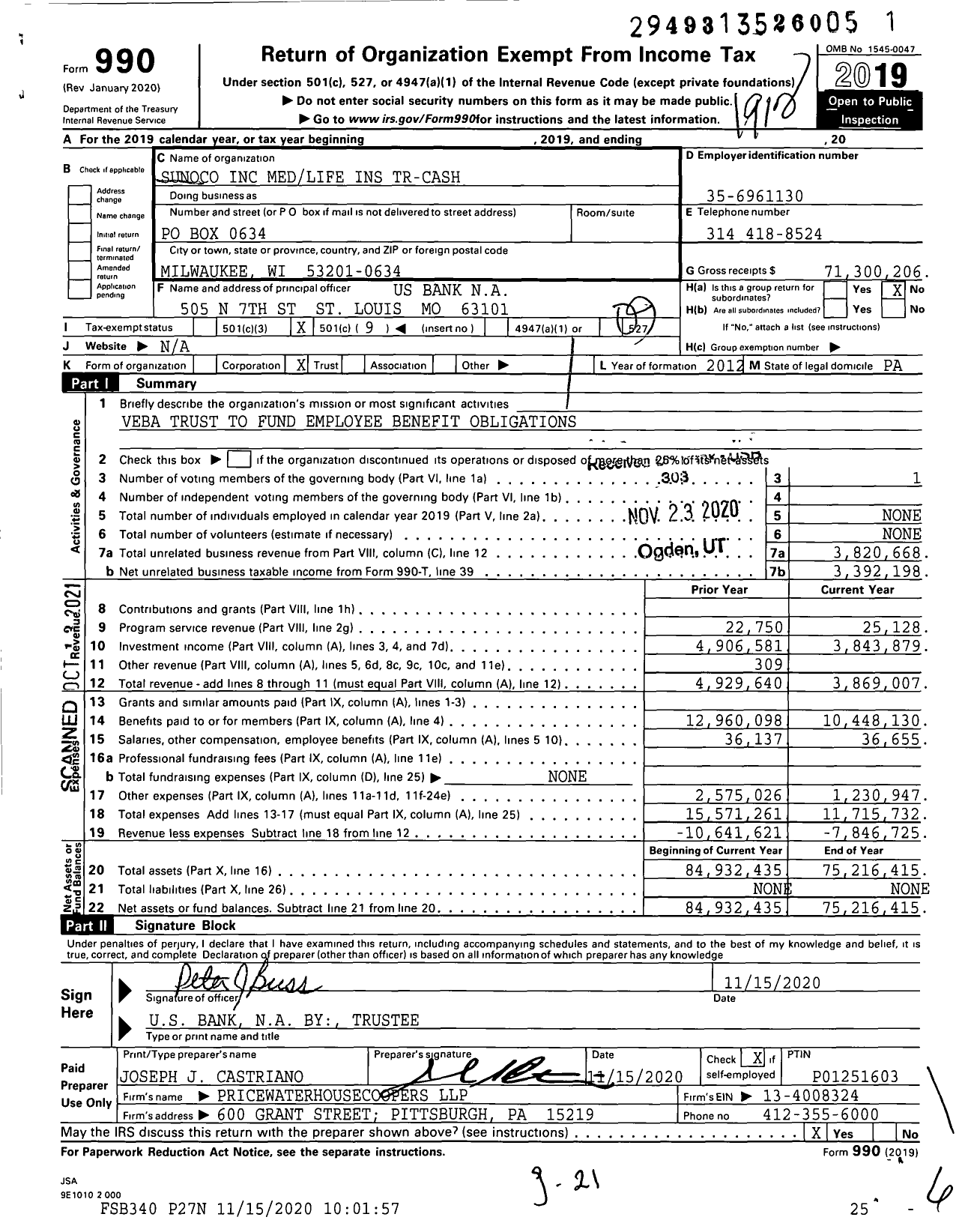 Image of first page of 2019 Form 990O for Sunoco Medlife Ins Tr-Cash