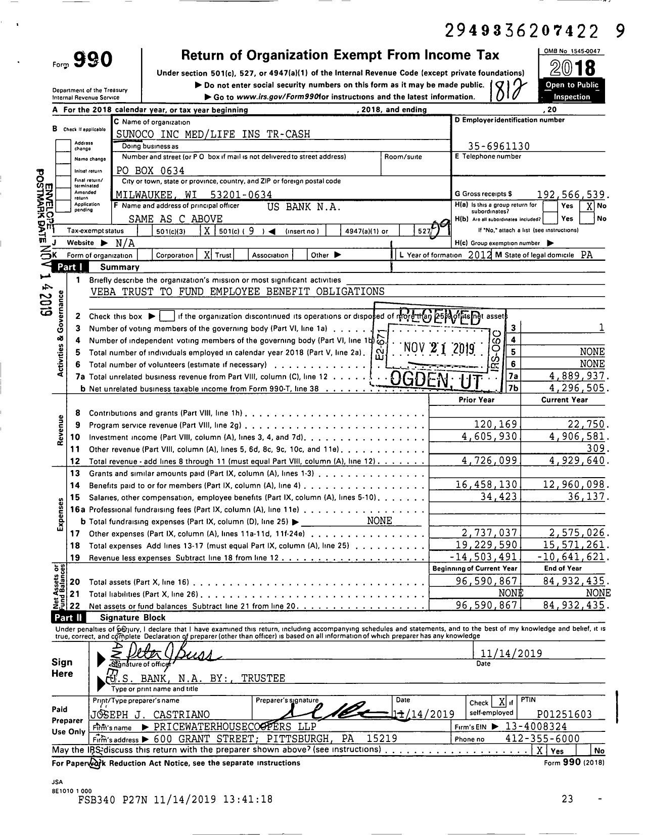 Image of first page of 2018 Form 990O for Sunoco Medlife Ins Tr-Cash