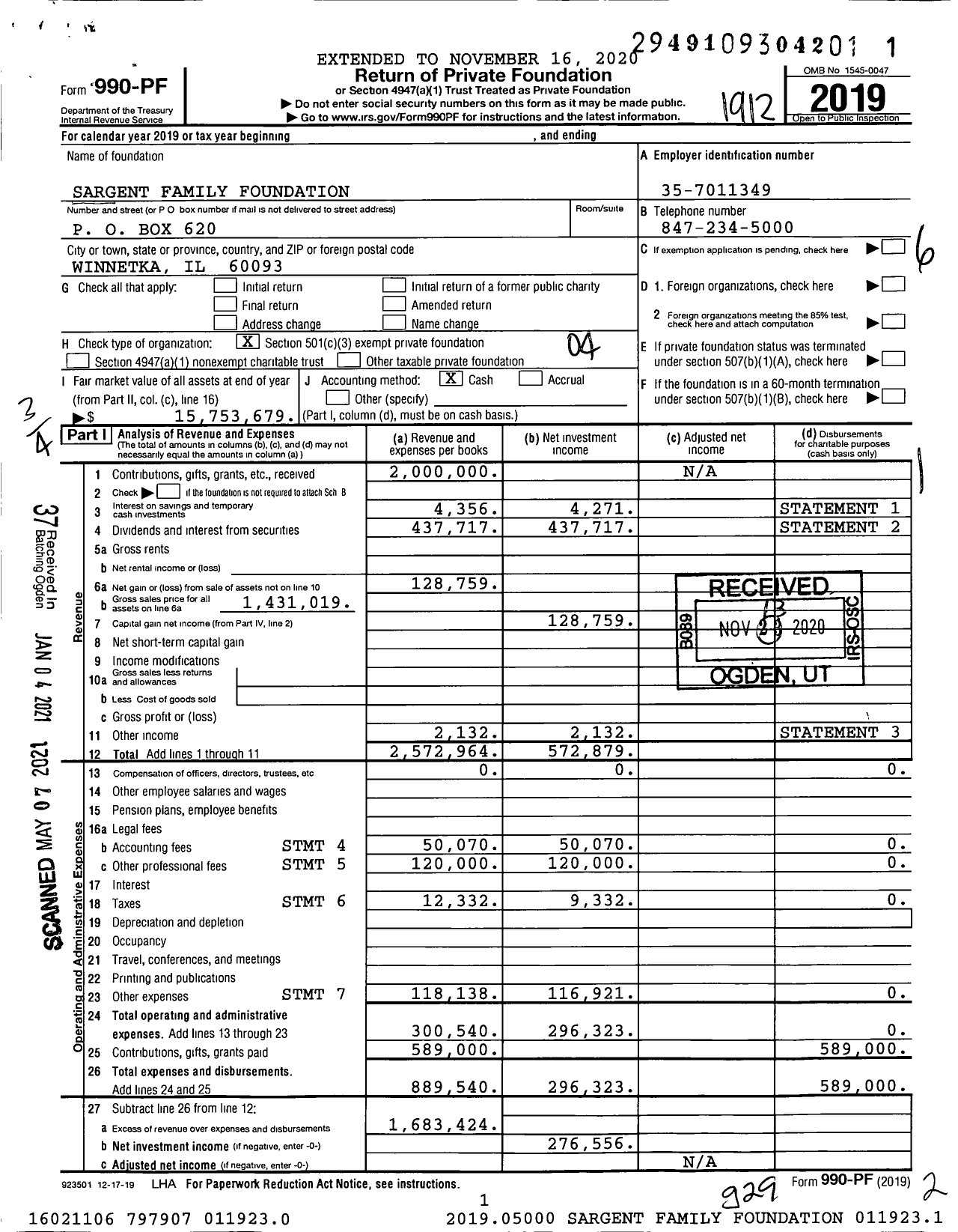 Image of first page of 2019 Form 990PF for Sargent Family Foundation / Cynthia Mead Sargent Ttee