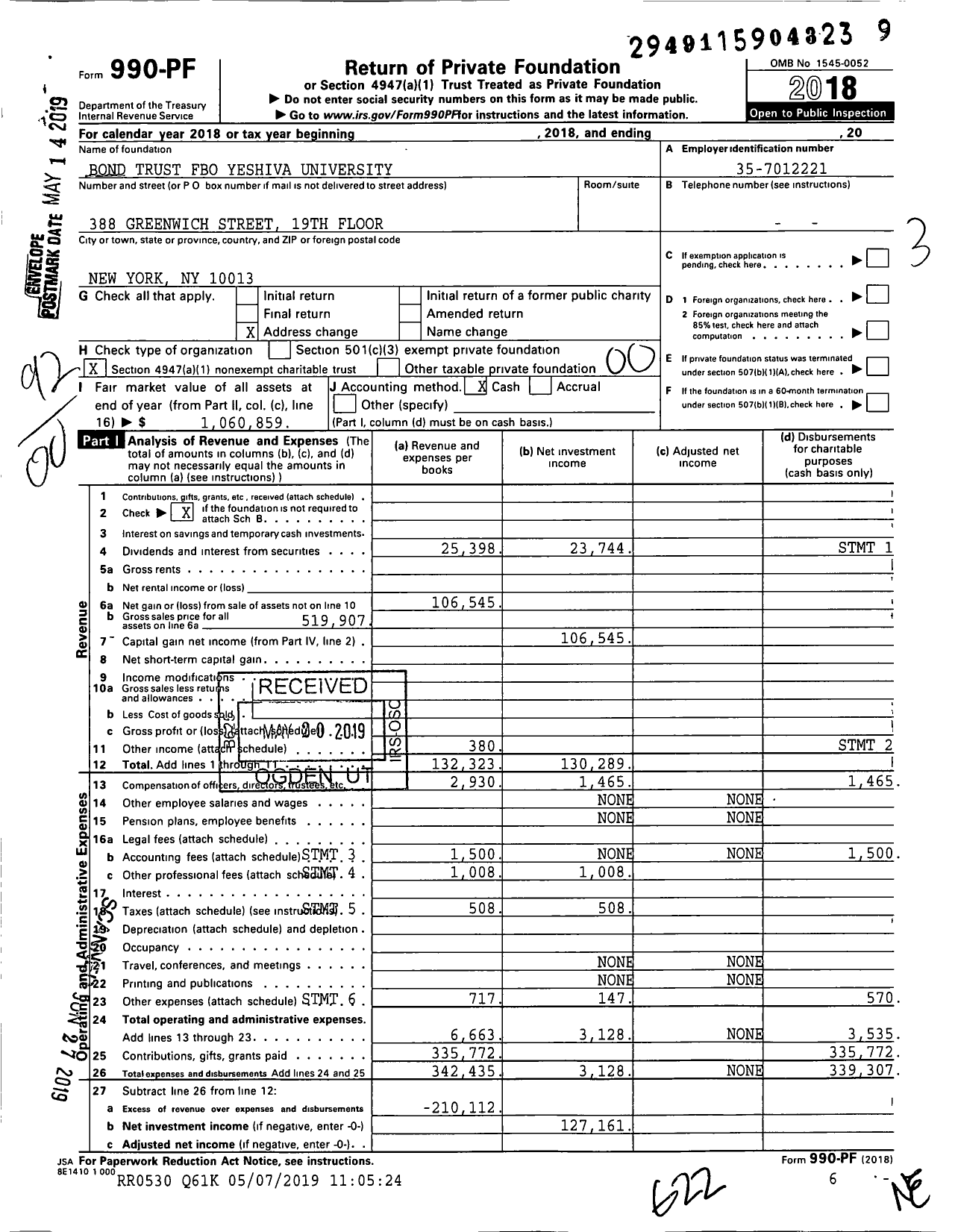 Image of first page of 2018 Form 990PF for Bond Trust Fbo Yeshiva University