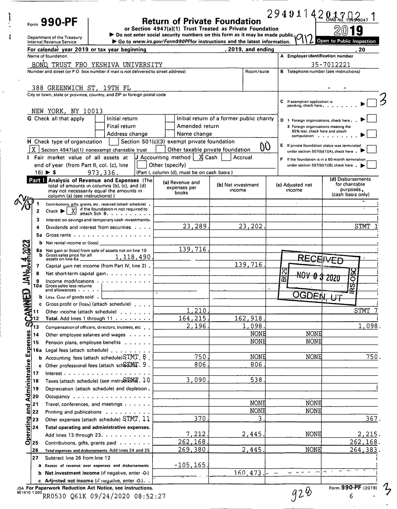 Image of first page of 2019 Form 990PF for Bond Trust Fbo Yeshiva University