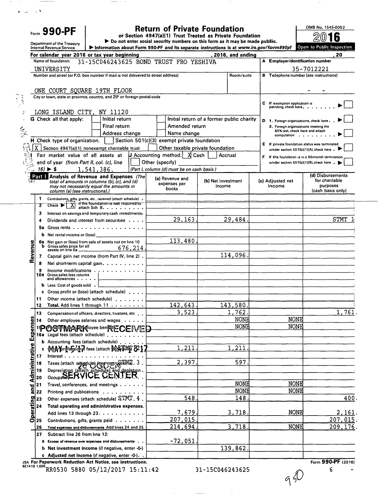 Image of first page of 2016 Form 990PF for Bond Trust Fbo Yeshiva University