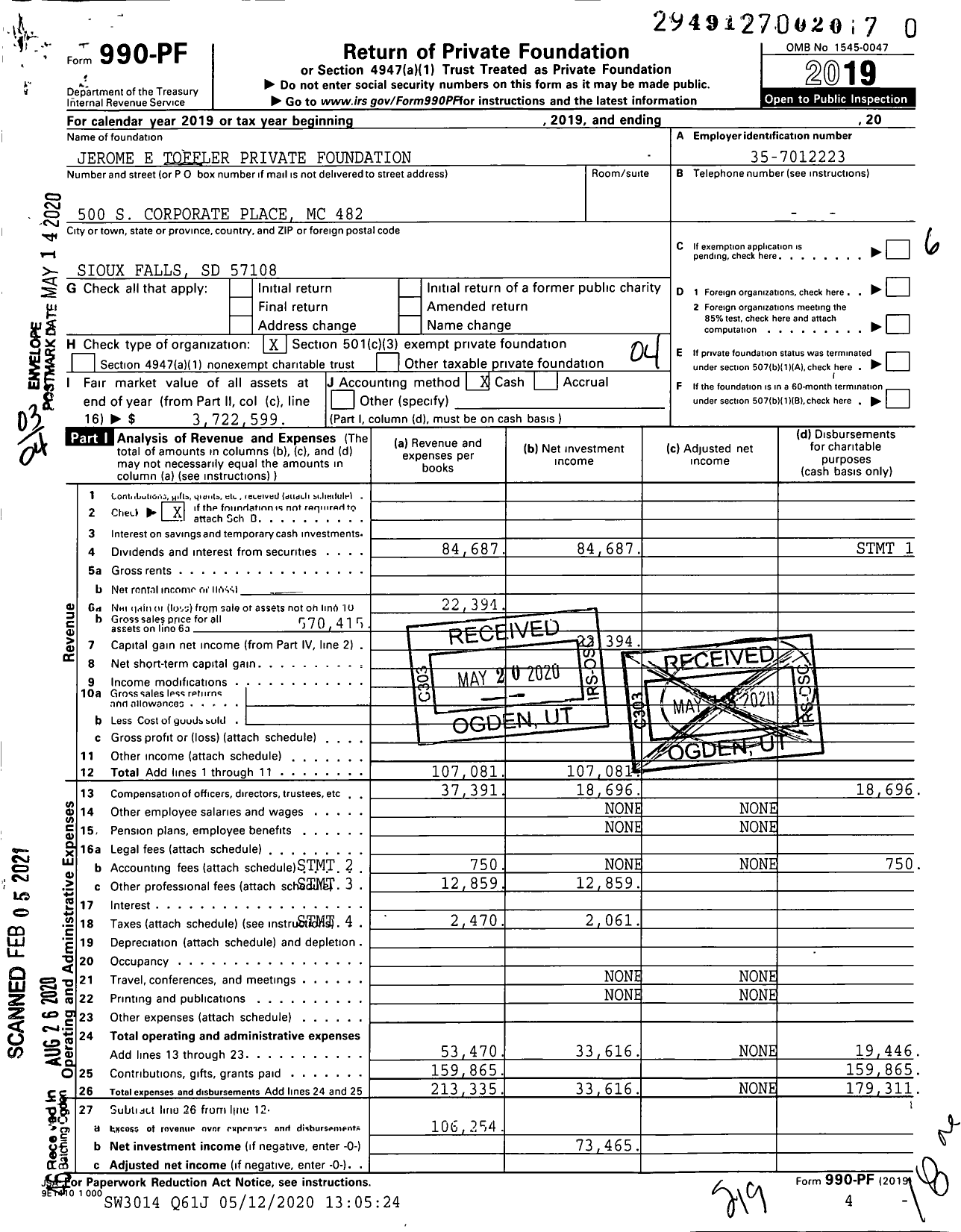 Image of first page of 2019 Form 990PF for Jerome E Toffler Private Foundation