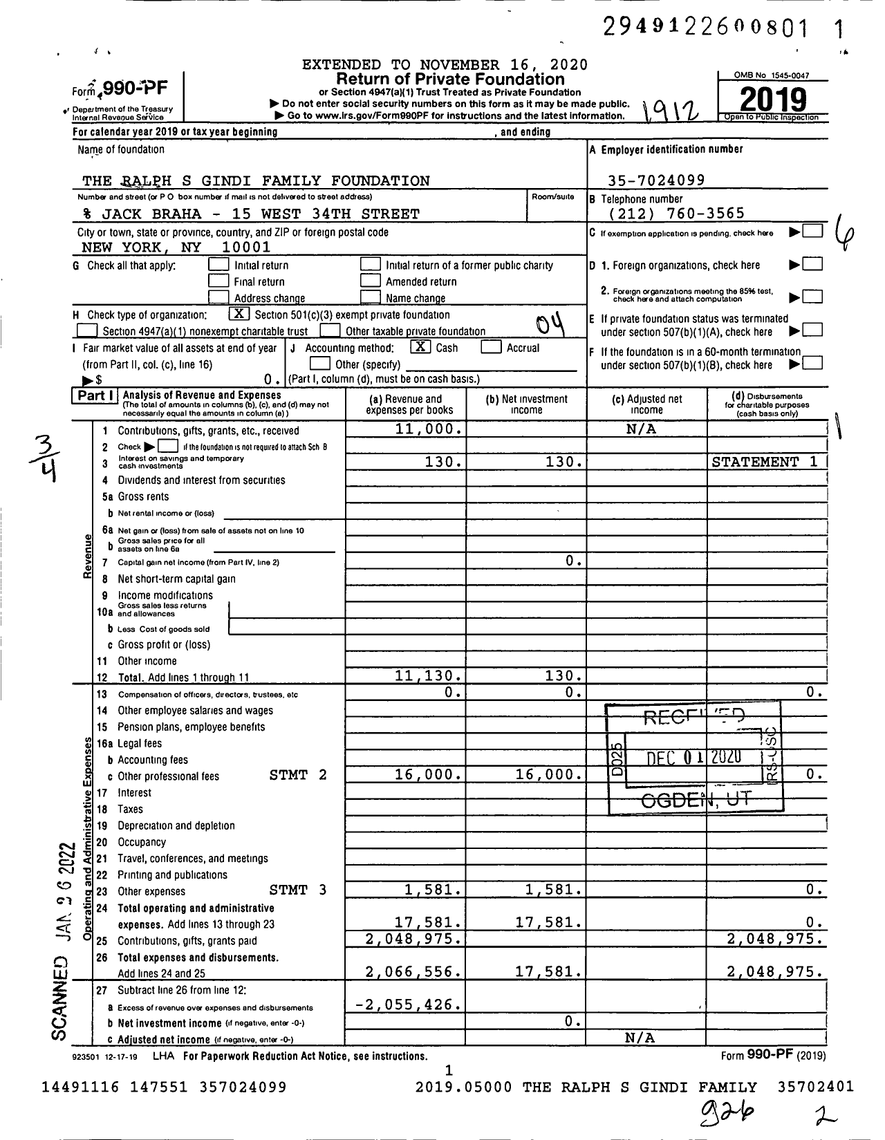 Image of first page of 2019 Form 990PF for The Ralph S Gindi Family Foundation