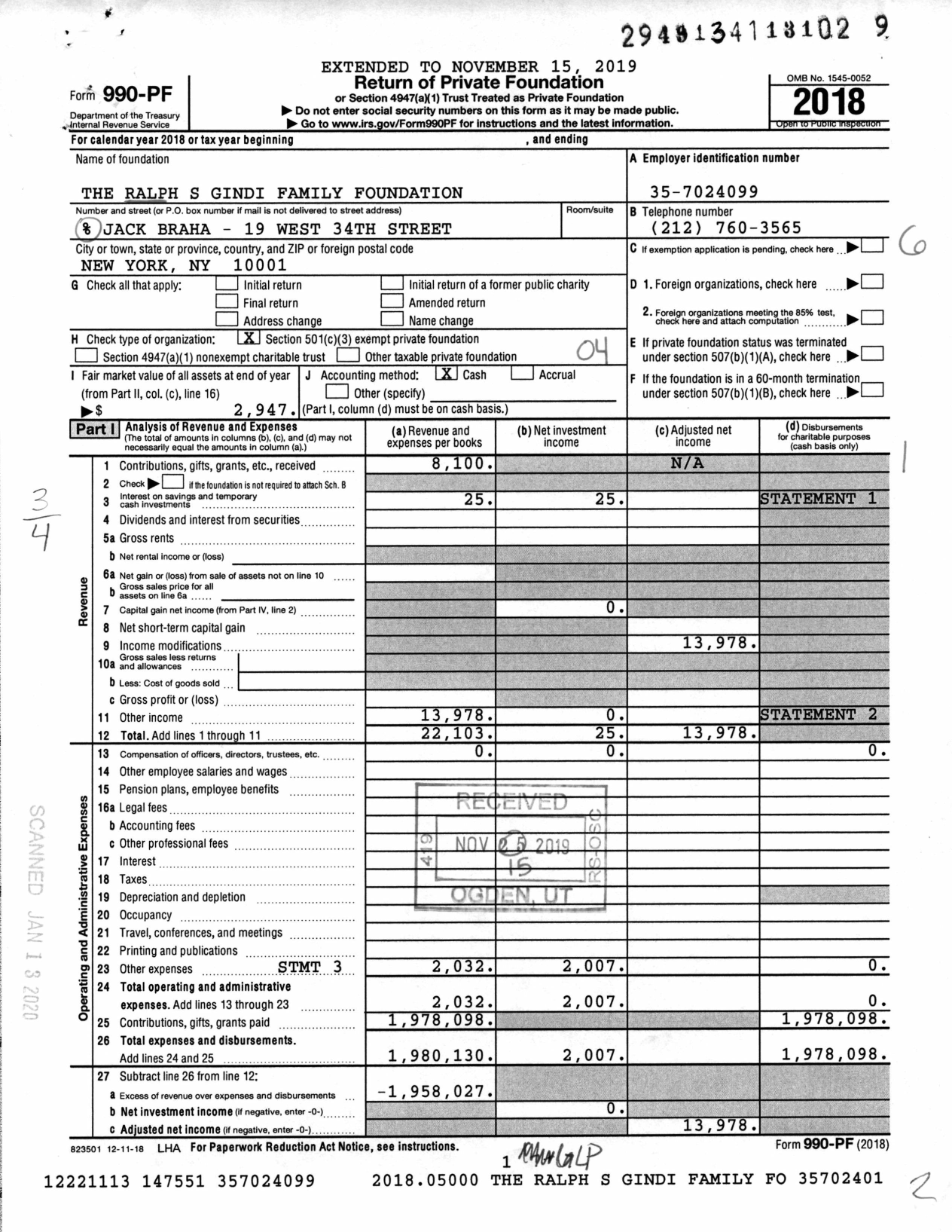 Image of first page of 2018 Form 990PF for The Ralph S Gindi Family Foundation