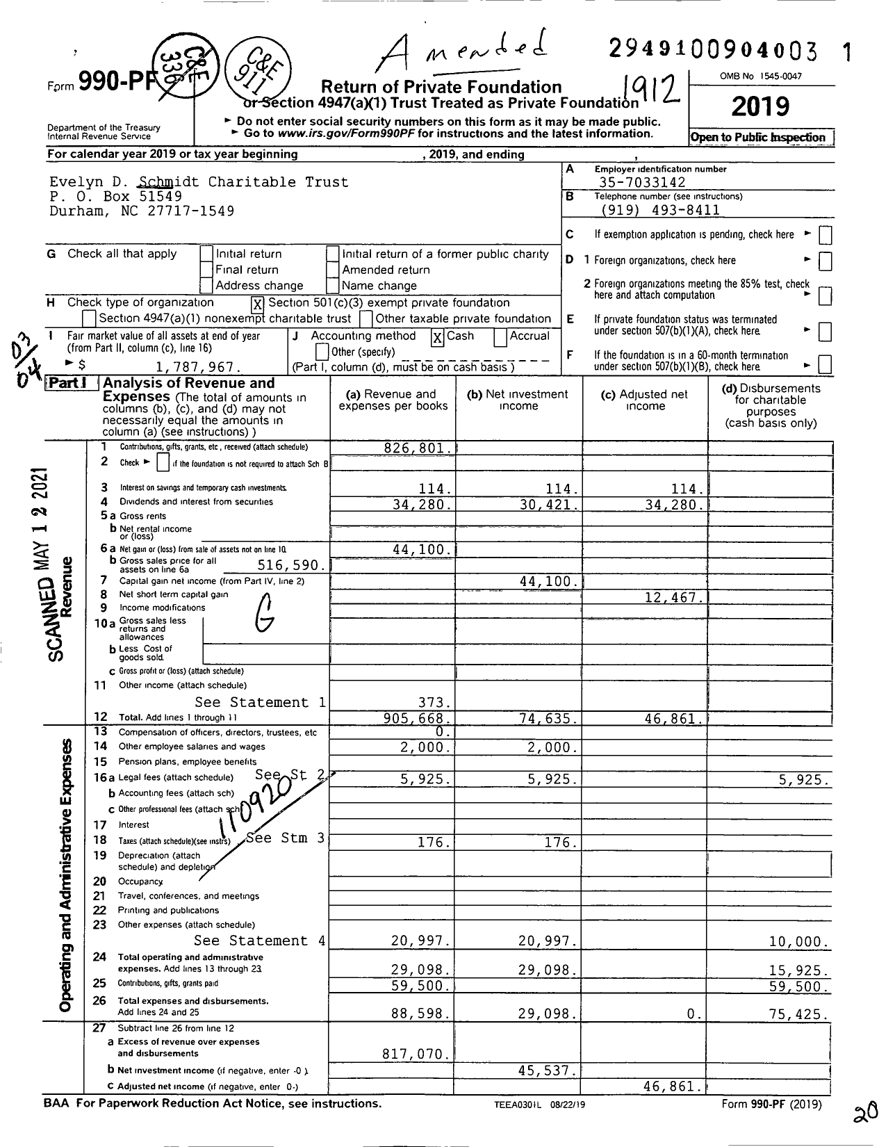 Image of first page of 2019 Form 990PF for Evelyn D Schmidt Charitable Trust