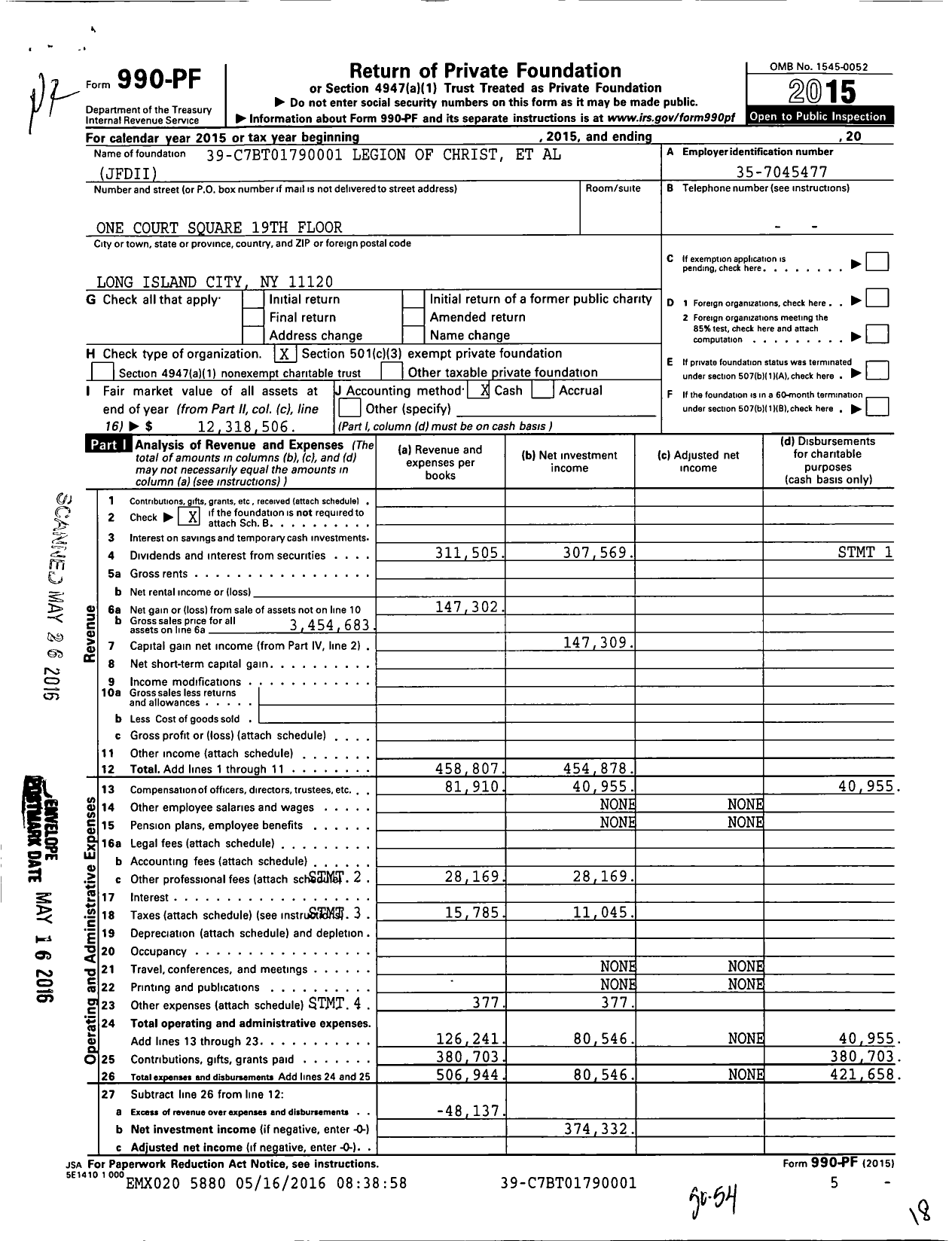 Image of first page of 2015 Form 990PF for Legion of Christ Et Al