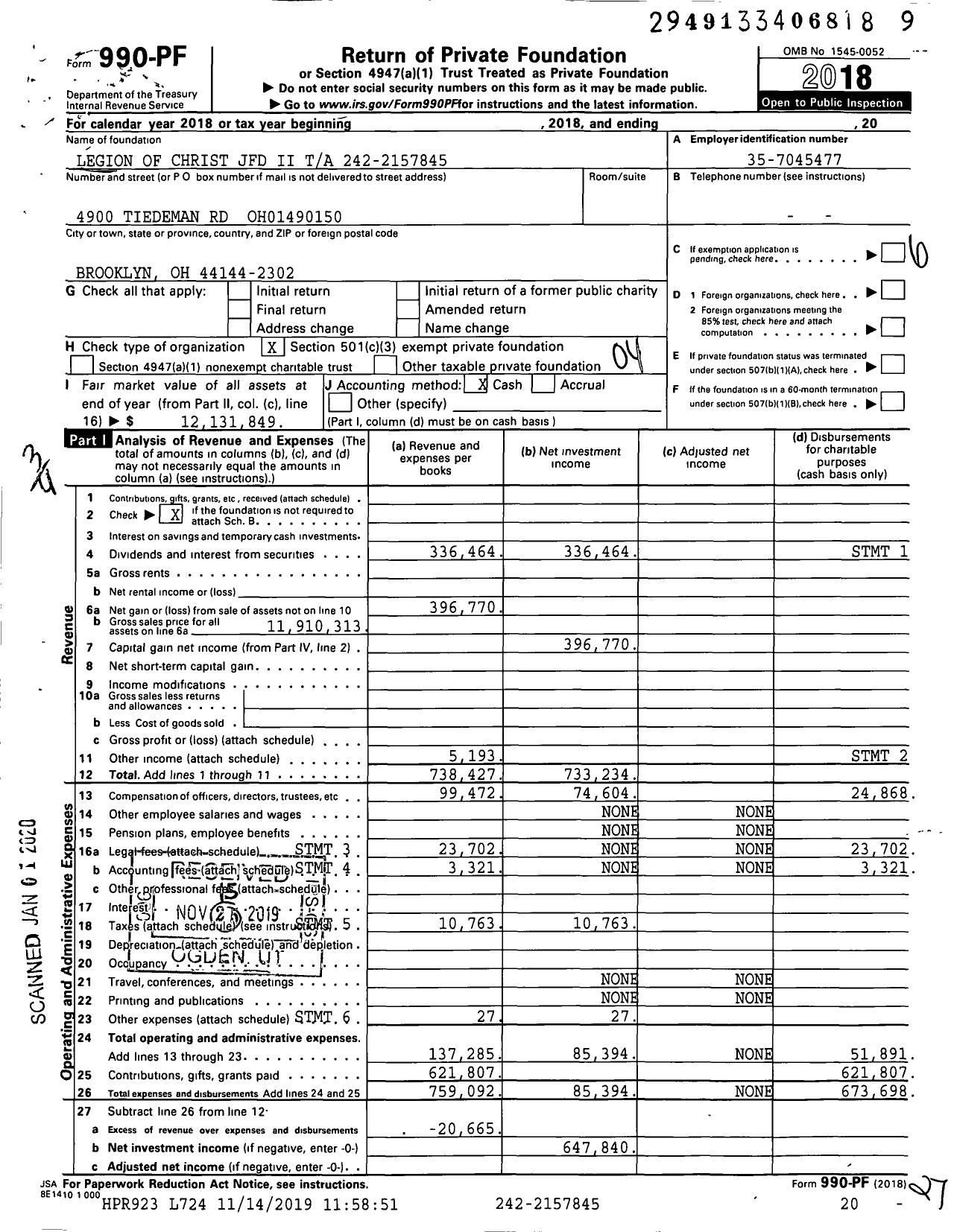 Image of first page of 2018 Form 990PF for Legion of Christ Et Al